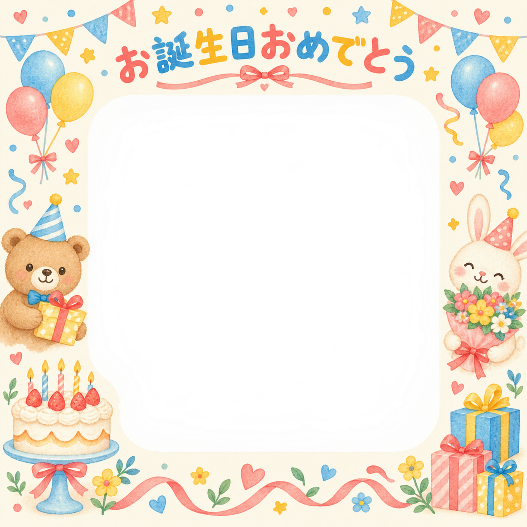 ケーキと花束の誕生日写真フレーム｜おもちゃとパーティー・無料イラスト 100600に写真・文字を入れる