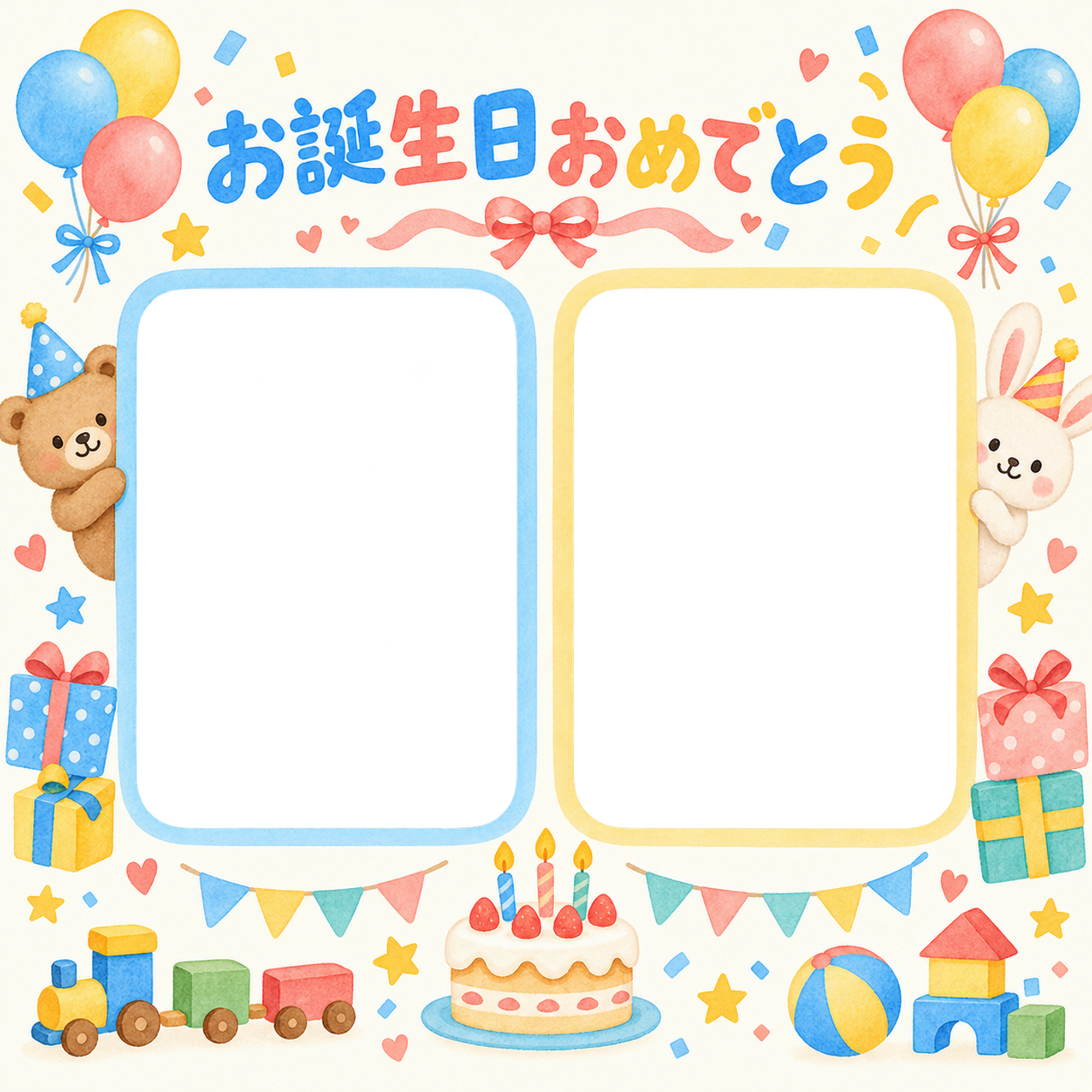風船と贈り物の誕生日写真フレーム｜おもちゃとパーティー・無料イラスト 100601に写真・文字を入れる