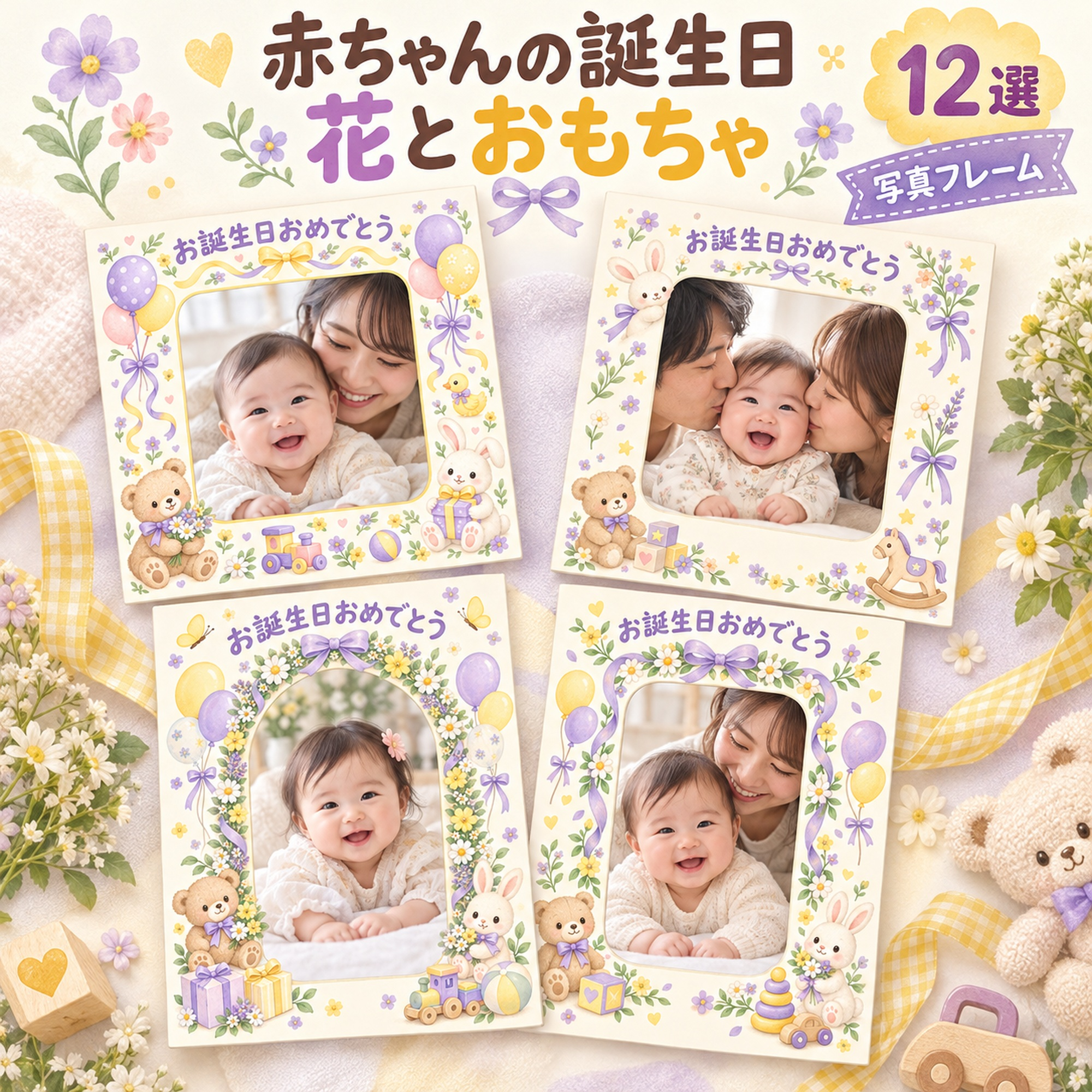 赤ちゃん向け誕生日写真フレーム12選｜花とおもちゃの無料イラスト素材 100603に写真・文字を入れる