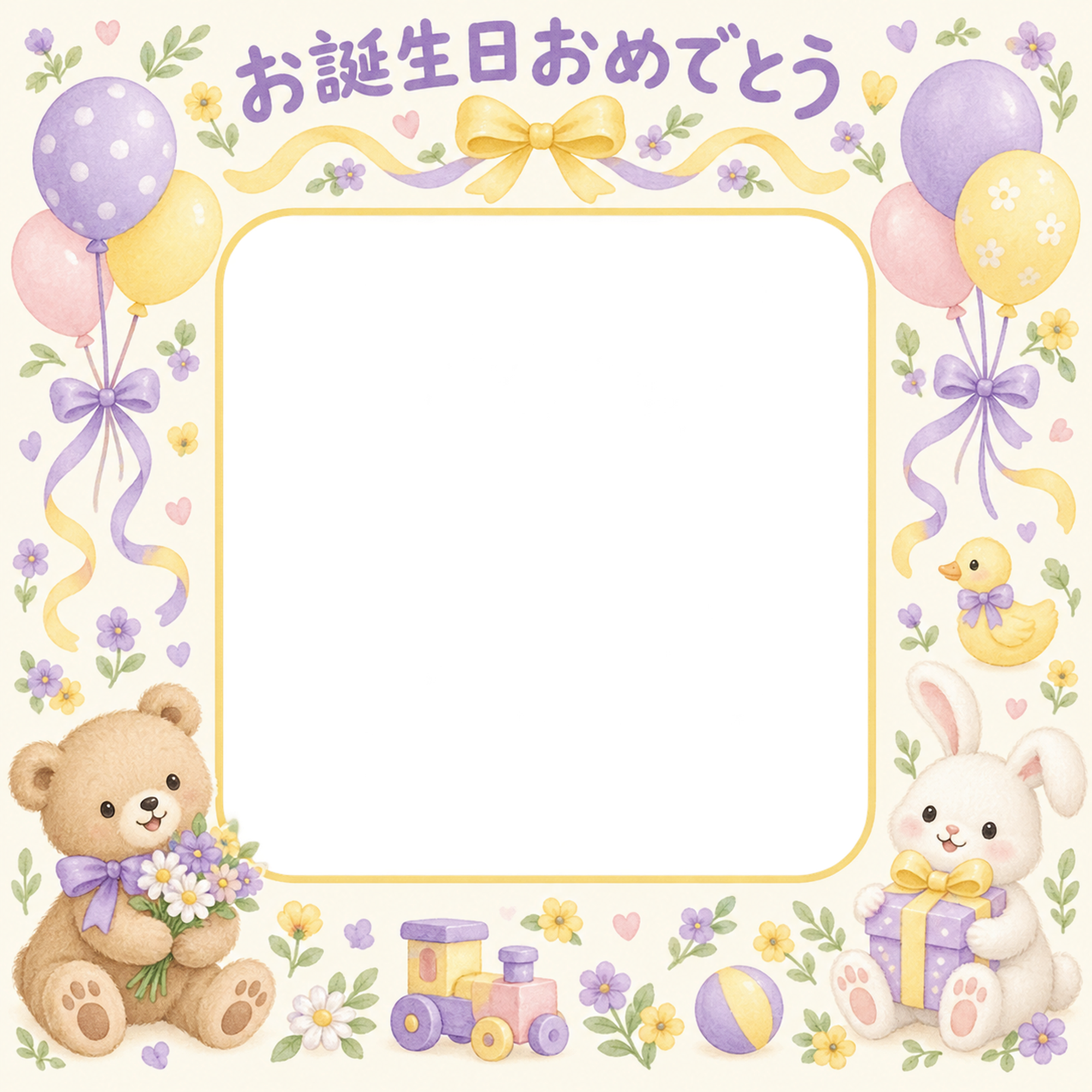 風船とリボンの誕生日写真フレーム｜花とおもちゃ・無料イラスト 100604に写真・文字を入れる