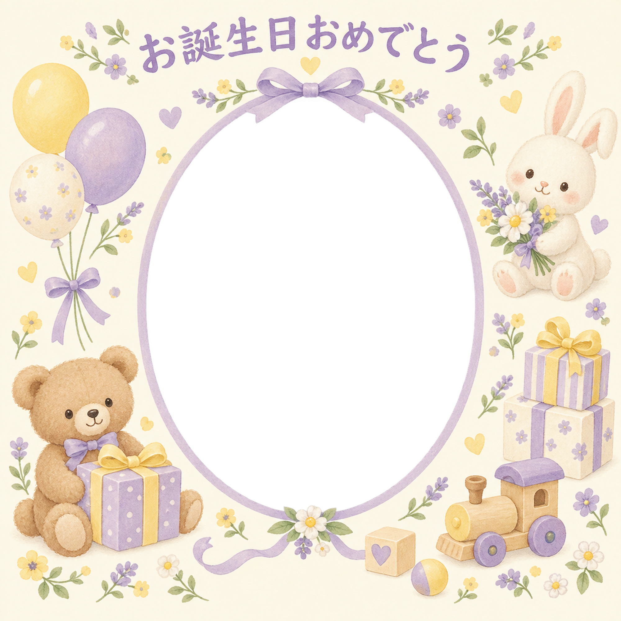 贈り物と小花の誕生日写真フレーム｜花とおもちゃ・無料イラスト 100606に写真・文字を入れる
