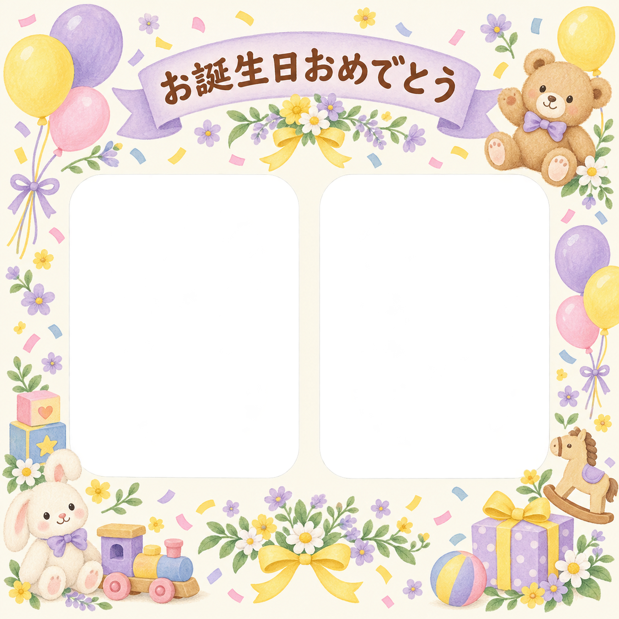 紙吹雪と風船の誕生日写真フレーム｜花とおもちゃ・無料イラスト 100608に写真・文字を入れる