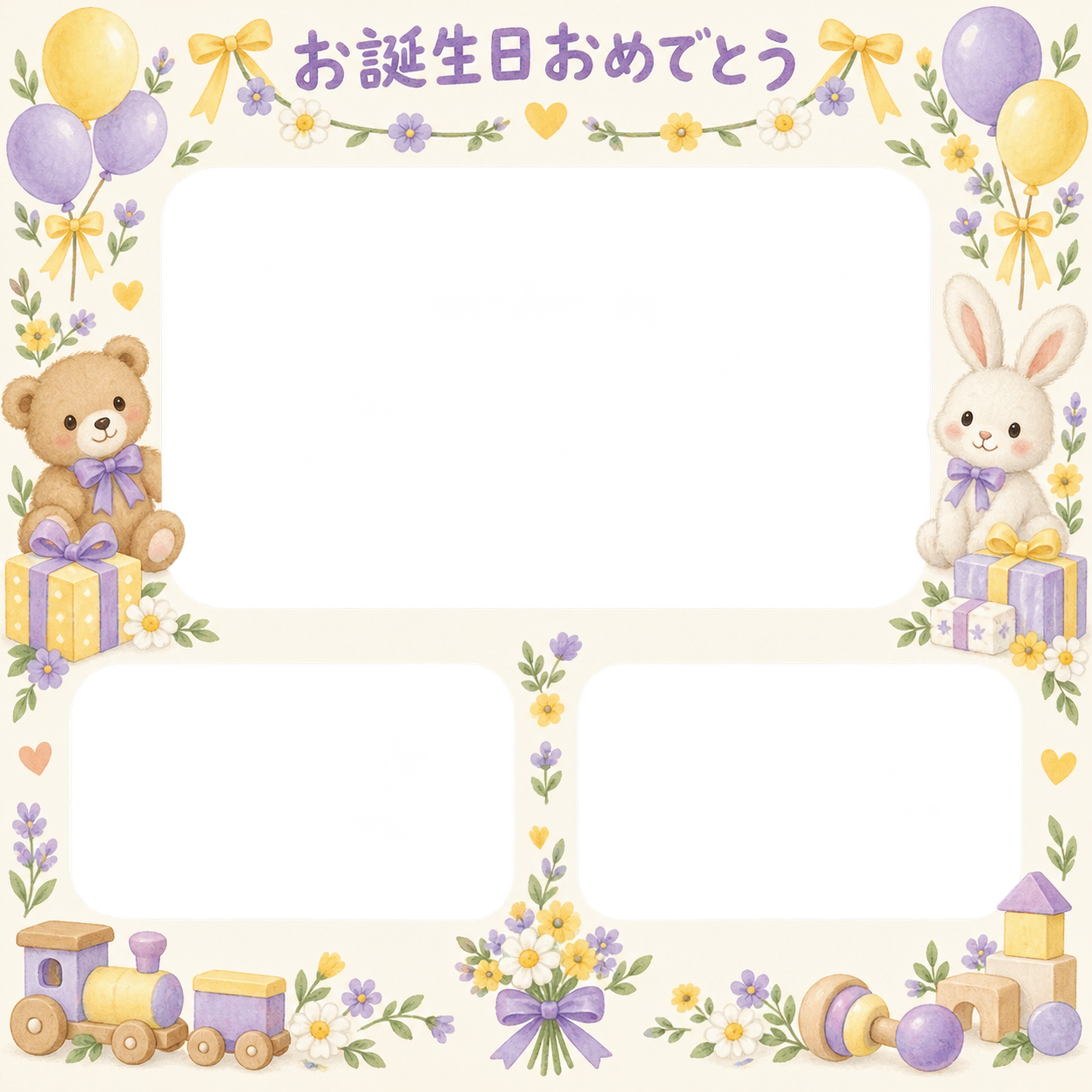 贈り物とガーランドの誕生日写真フレーム｜花とおもちゃ・無料イラスト 100611に写真・文字を入れる