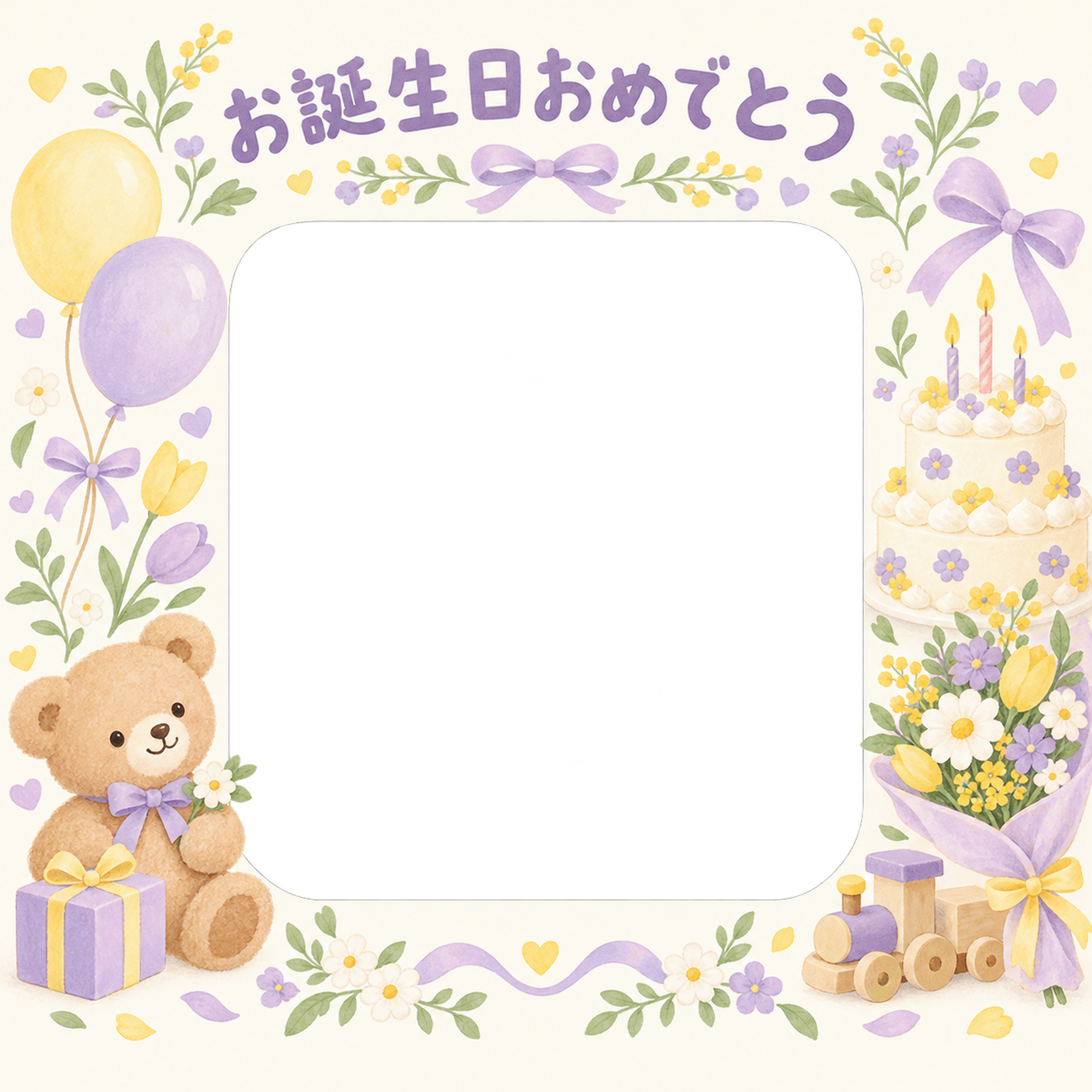ケーキと花束の誕生日写真フレーム｜花とおもちゃ・無料イラスト 100613に写真・文字を入れる