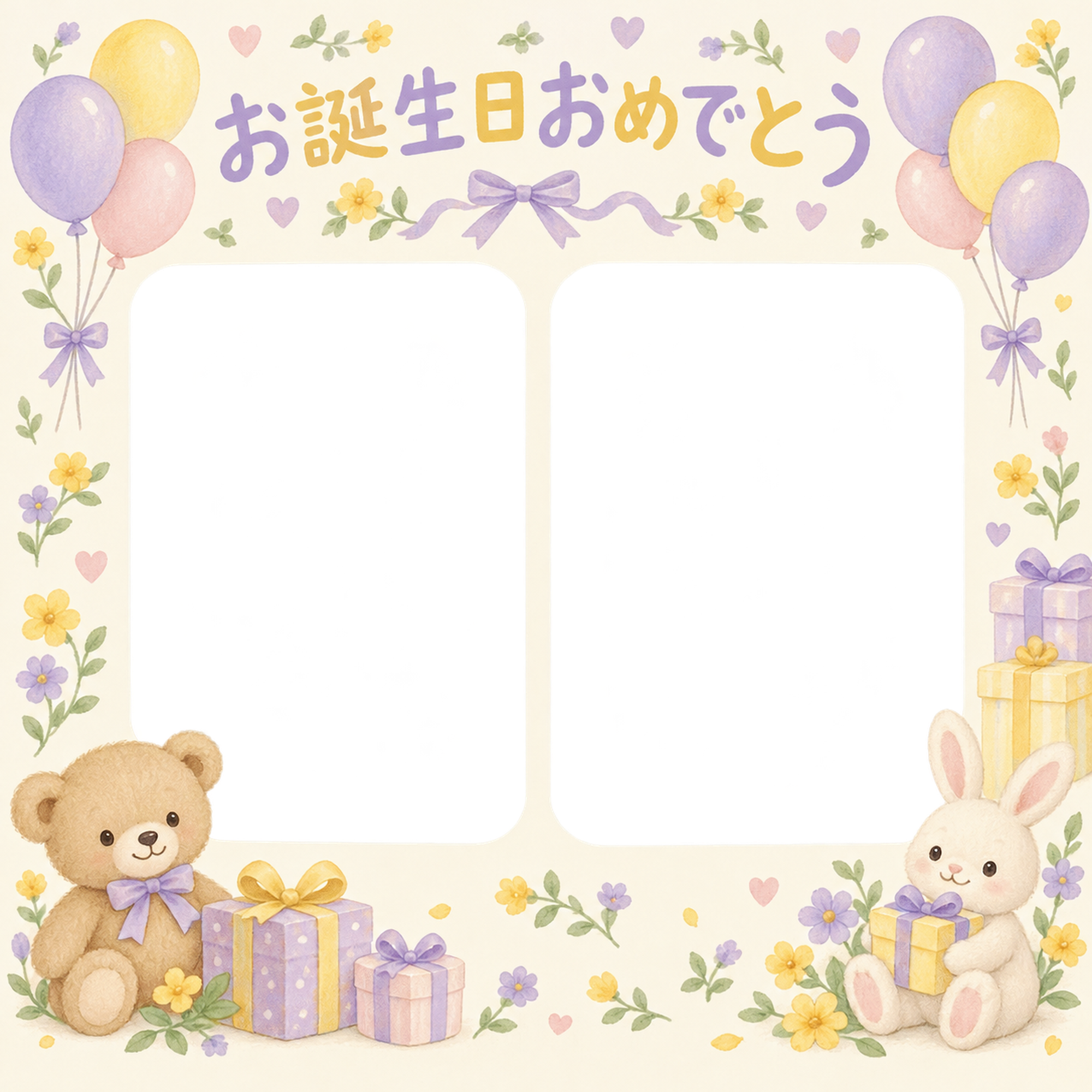 風船と贈り物の誕生日写真フレーム｜花とおもちゃ・無料イラスト 100614に写真・文字を入れる