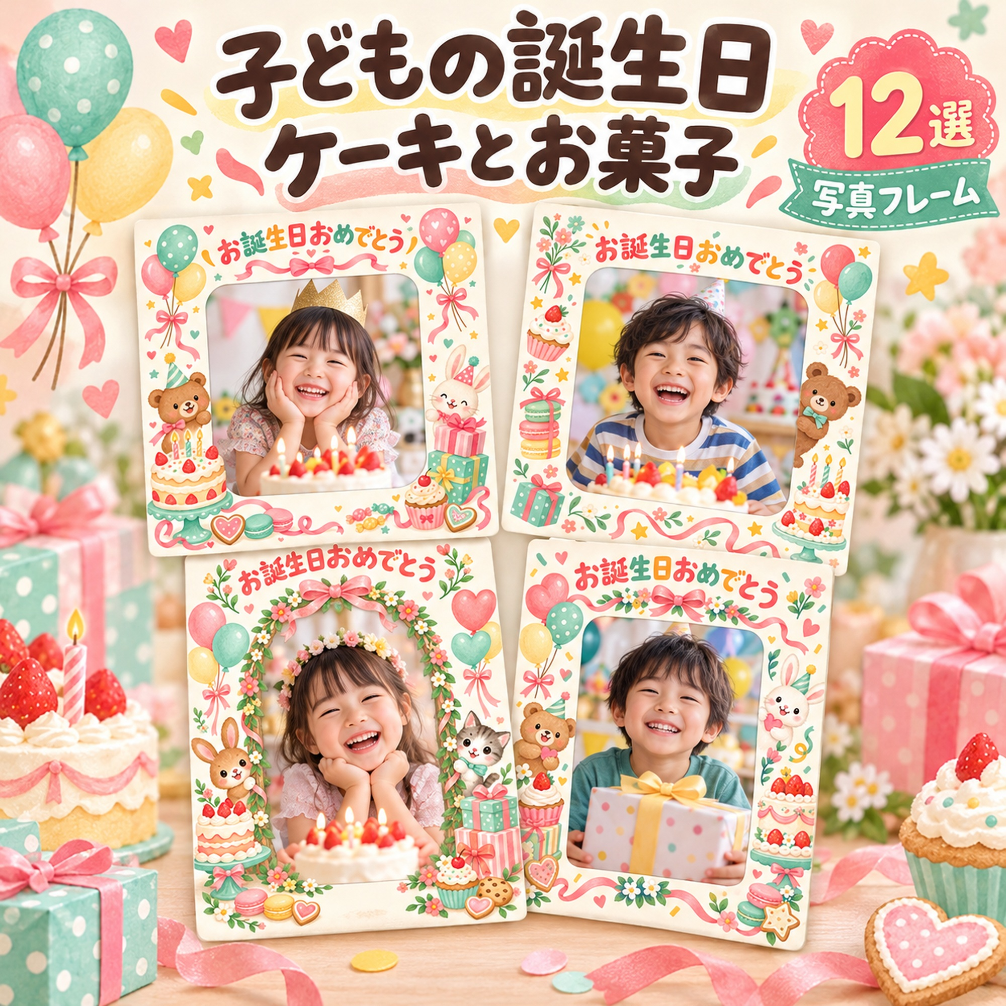 子ども向け誕生日写真フレーム12選｜ケーキとお菓子の無料イラスト素材 100616に写真・文字を入れる