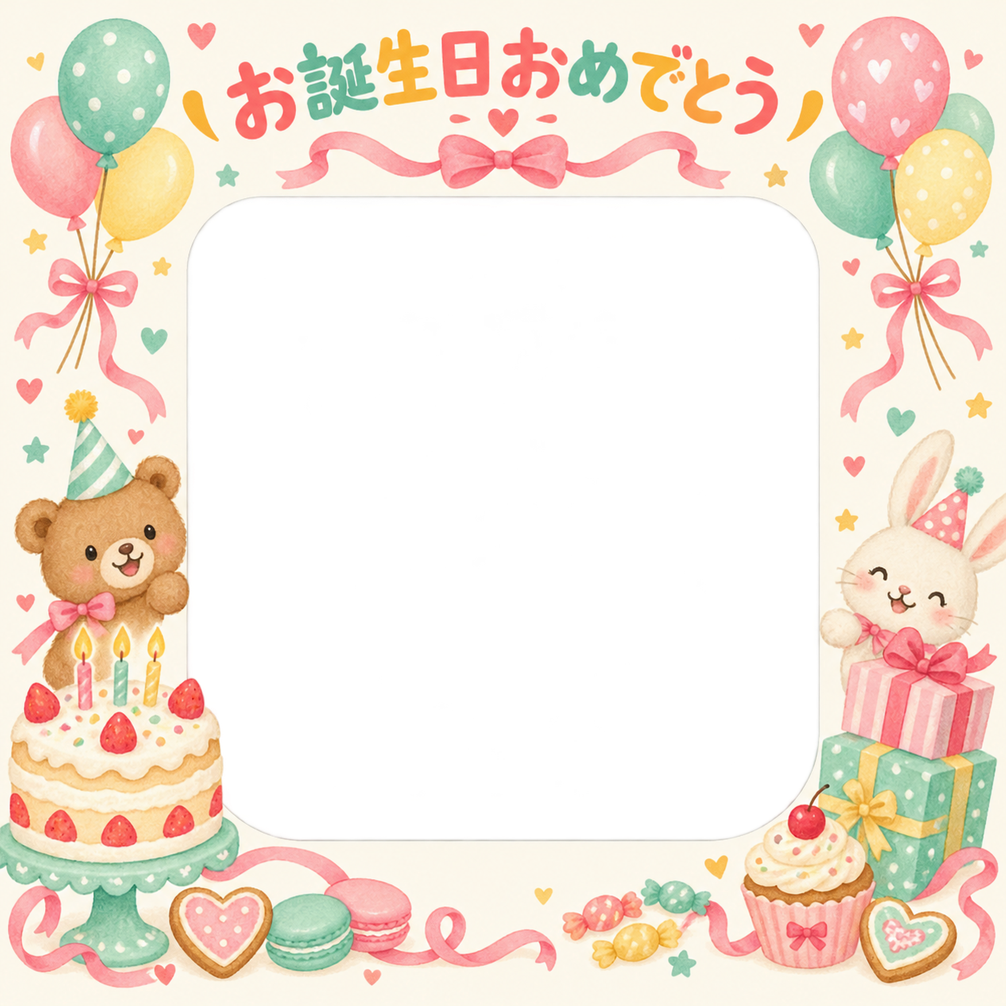 風船とリボンの誕生日写真フレーム｜ケーキとお菓子・無料イラスト 100617に写真・文字を入れる