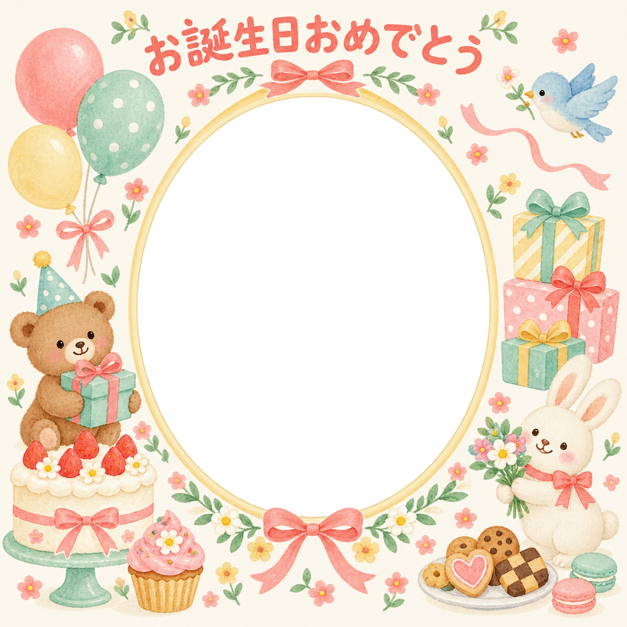 贈り物と小花の誕生日写真フレーム｜ケーキとお菓子・無料イラスト 100619に写真・文字を入れる