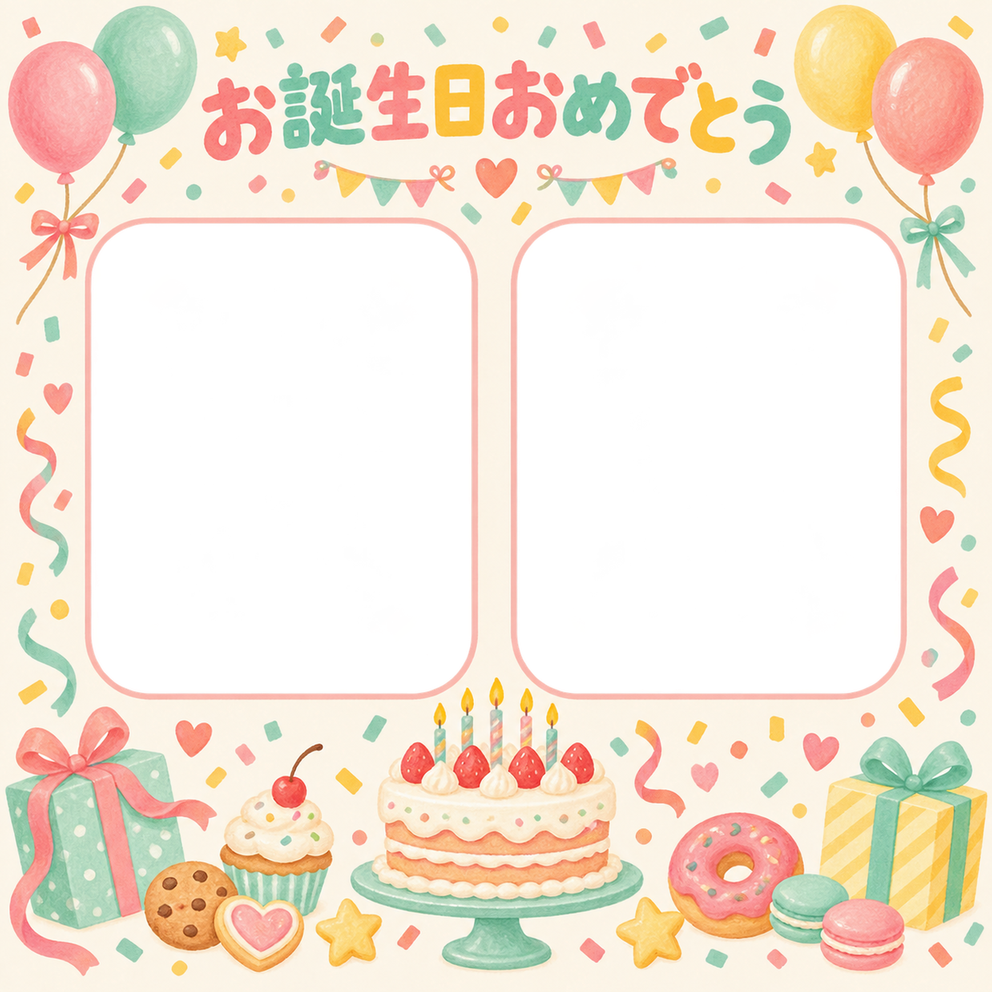 紙吹雪と風船の誕生日写真フレーム｜ケーキとお菓子・無料イラスト 100621に写真・文字を入れる