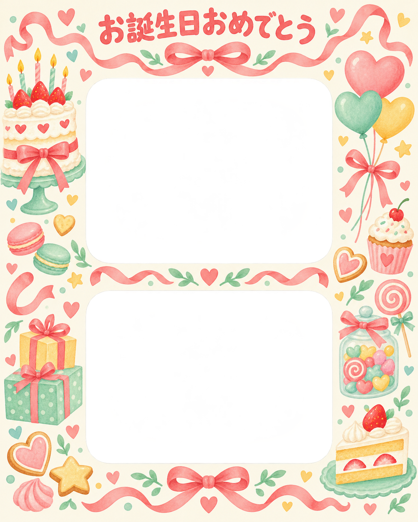 リボンとケーキの誕生日写真フレーム｜ケーキとお菓子・無料イラスト 100622に写真・文字を入れる