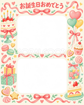 リボンとケーキの誕生日写真フレーム｜ケーキとお菓子・無料イラスト 100622
