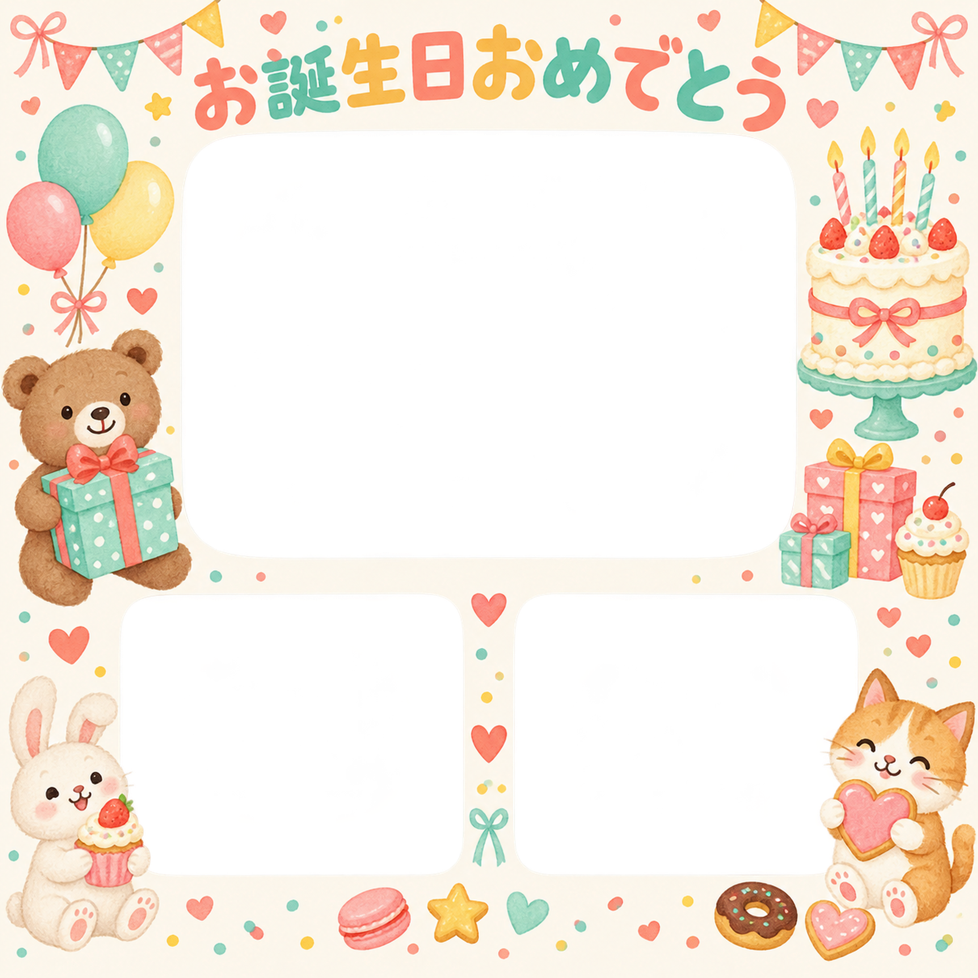 贈り物とガーランドの誕生日写真フレーム｜ケーキとお菓子・無料イラスト 100624に写真・文字を入れる