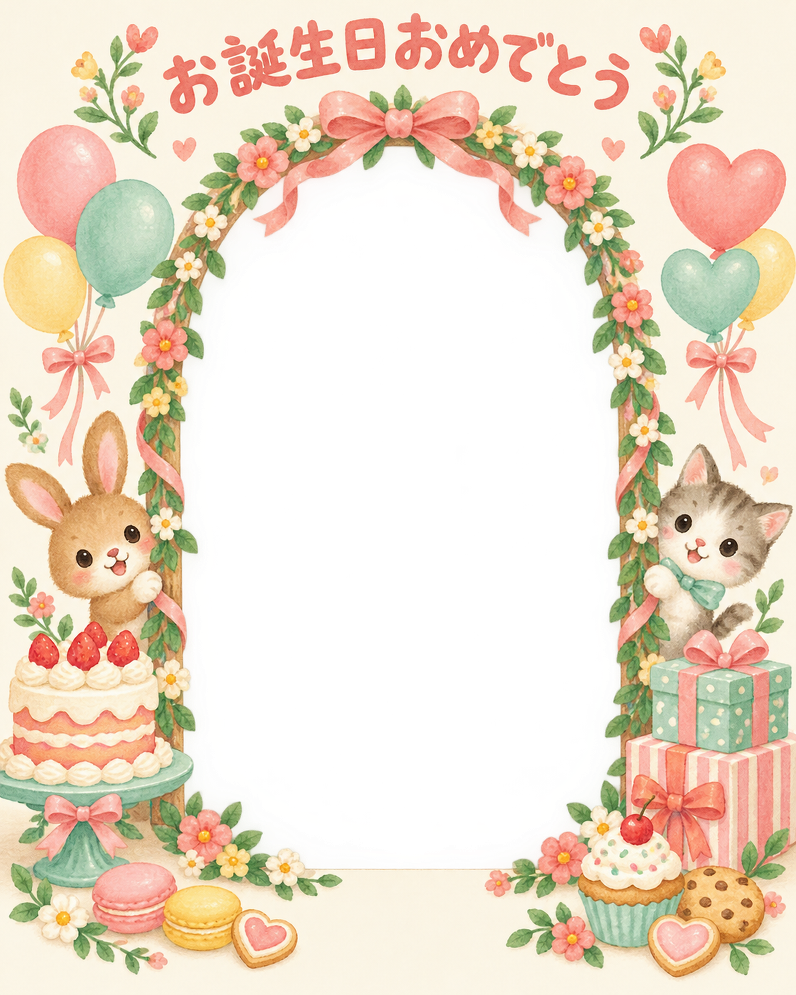 花のアーチの誕生日写真フレーム｜ケーキとお菓子・無料イラスト 100625に写真・文字を入れる