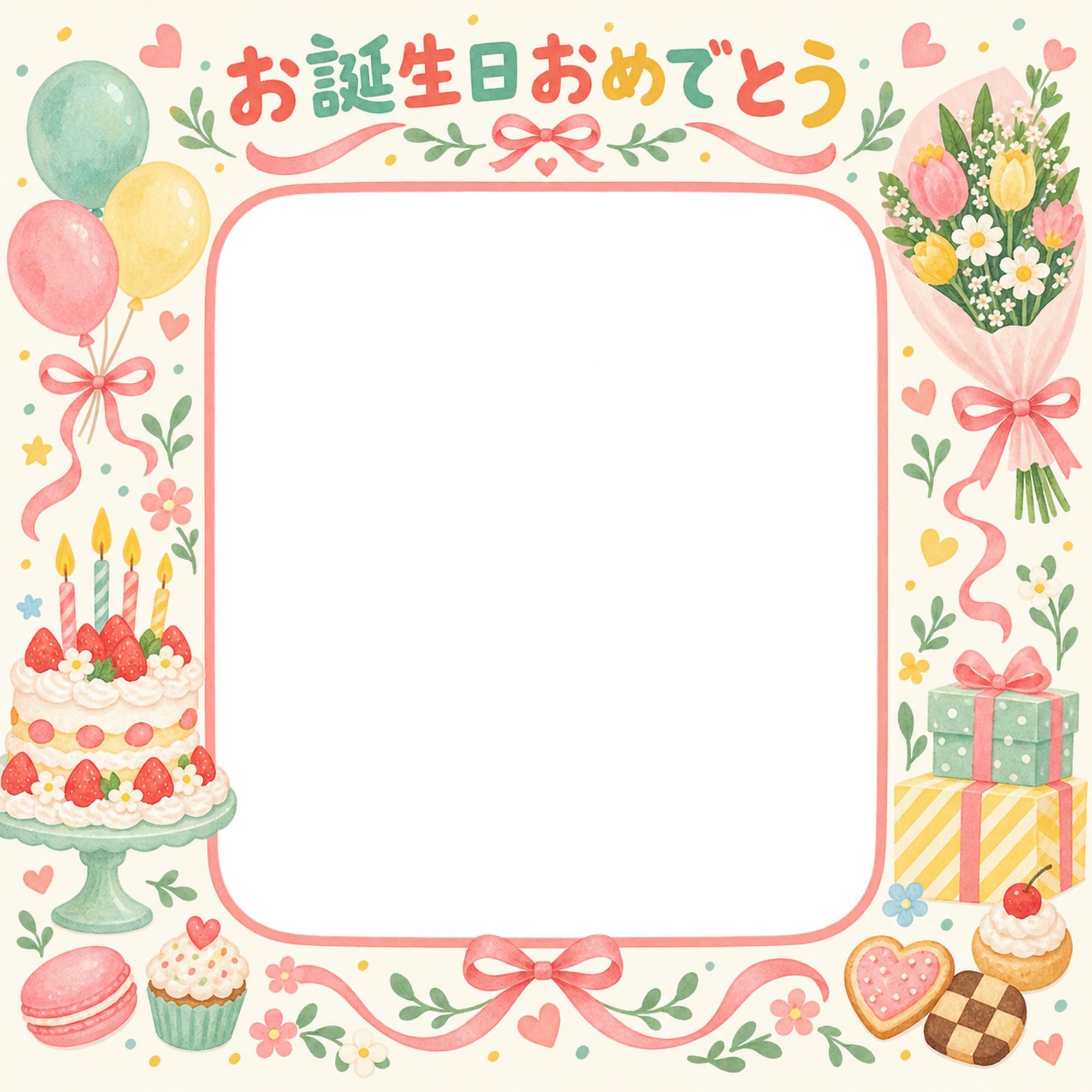 ケーキと花束の誕生日写真フレーム｜ケーキとお菓子・無料イラスト 100626に写真・文字を入れる