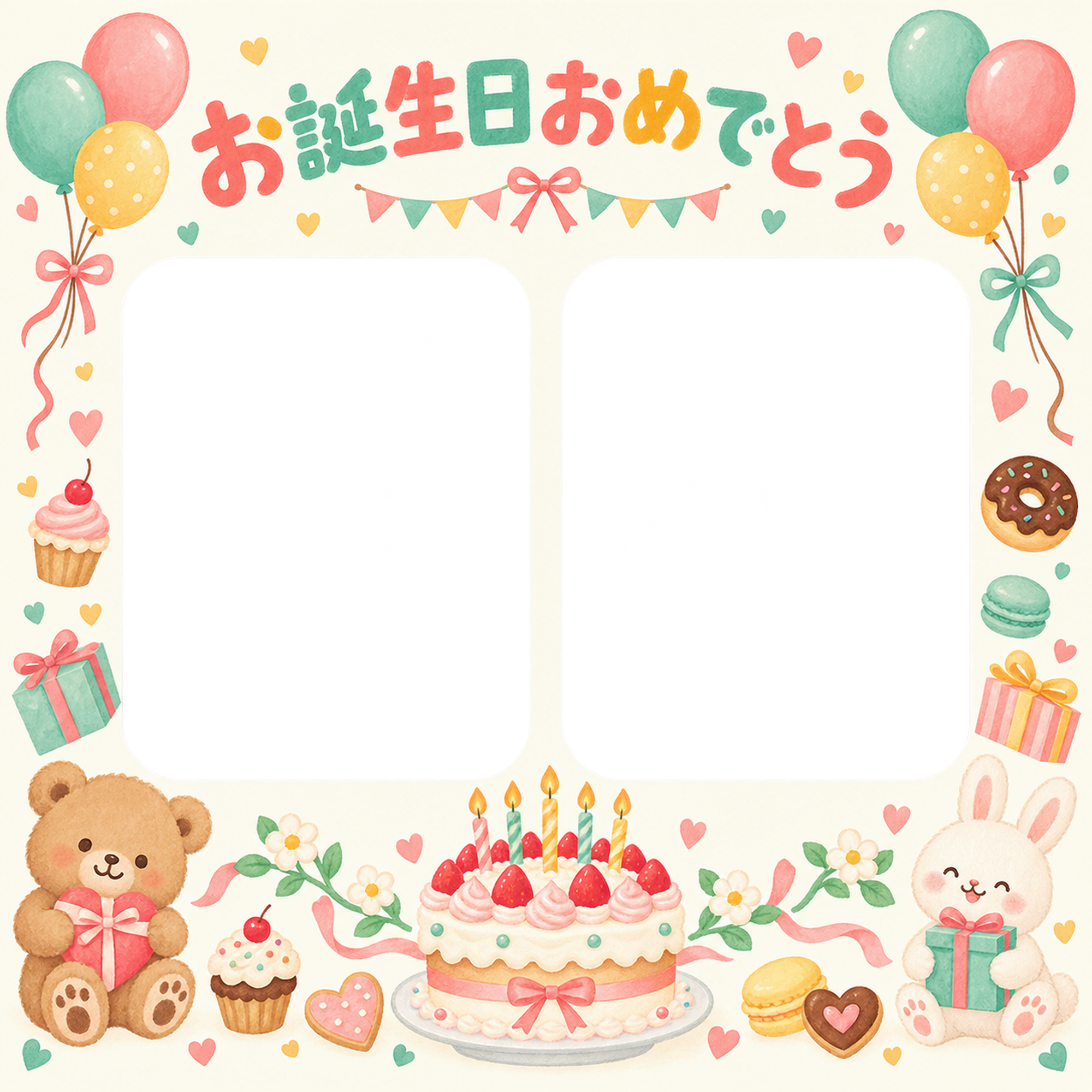 風船と贈り物の誕生日写真フレーム｜ケーキとお菓子・無料イラスト 100627に写真・文字を入れる