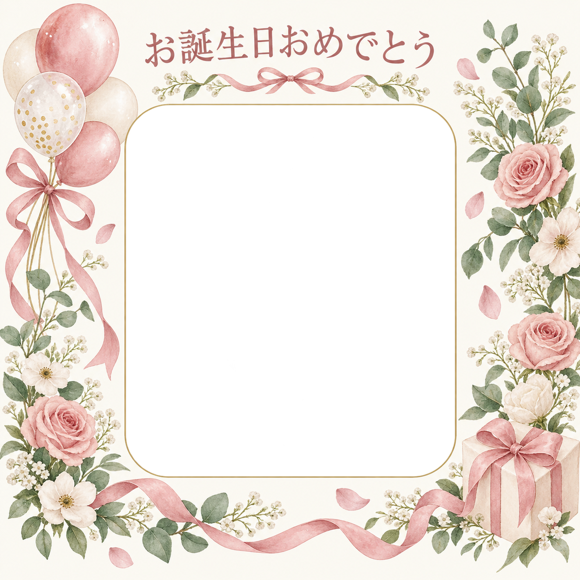風船とリボンの誕生日写真フレーム｜花とリボン・無料イラスト 100630に写真・文字を入れる
