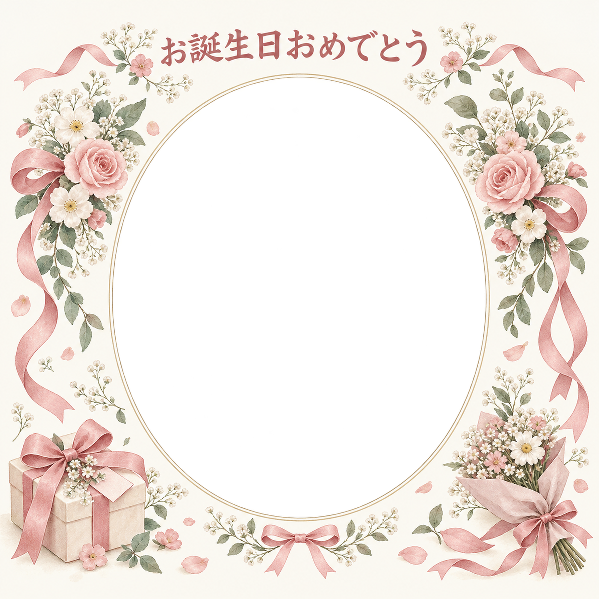 贈り物と小花の誕生日写真フレーム｜花とリボン・無料イラスト 100632に写真・文字を入れる