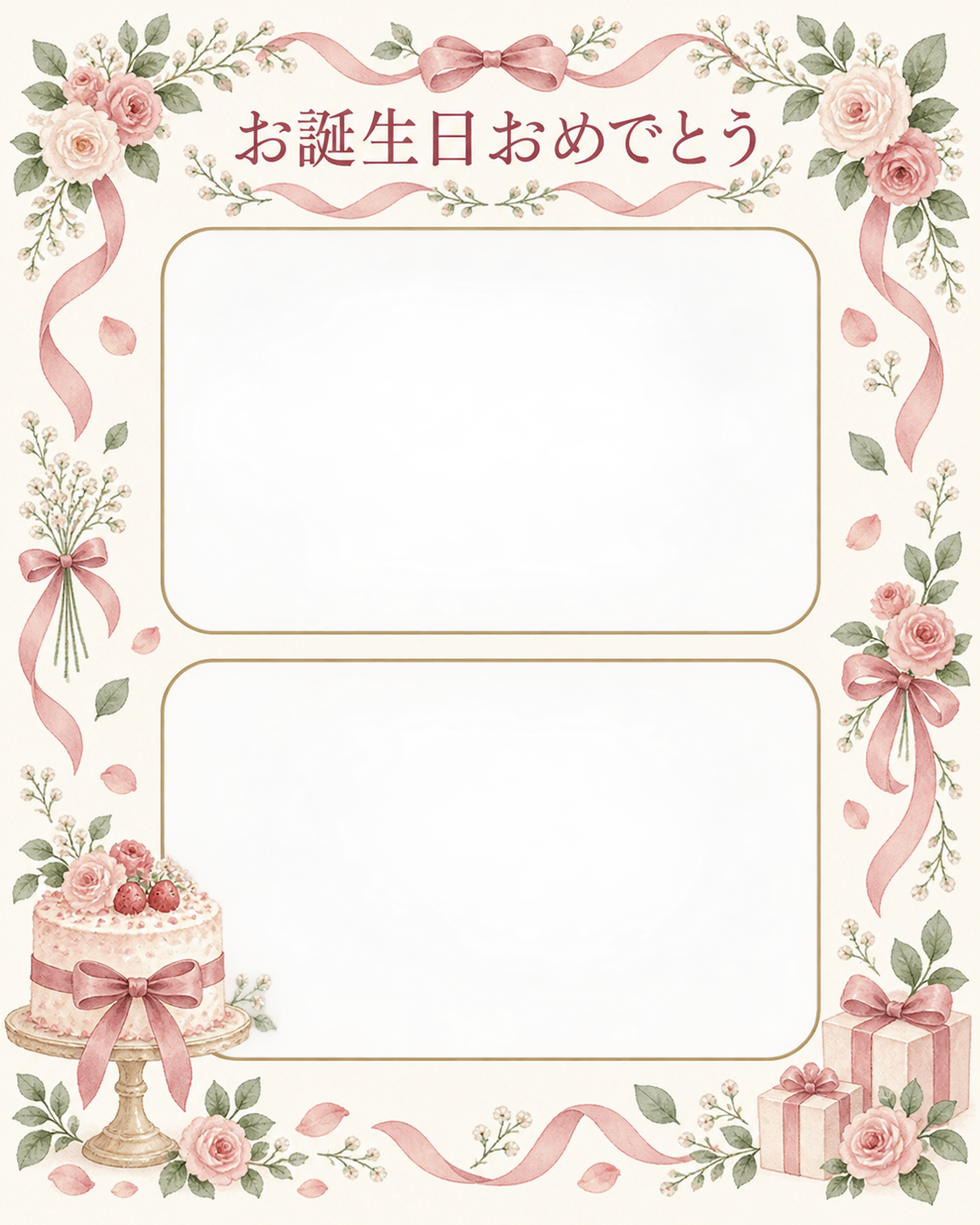 リボンとケーキの誕生日写真フレーム｜花とリボン・無料イラスト 100635に写真・文字を入れる