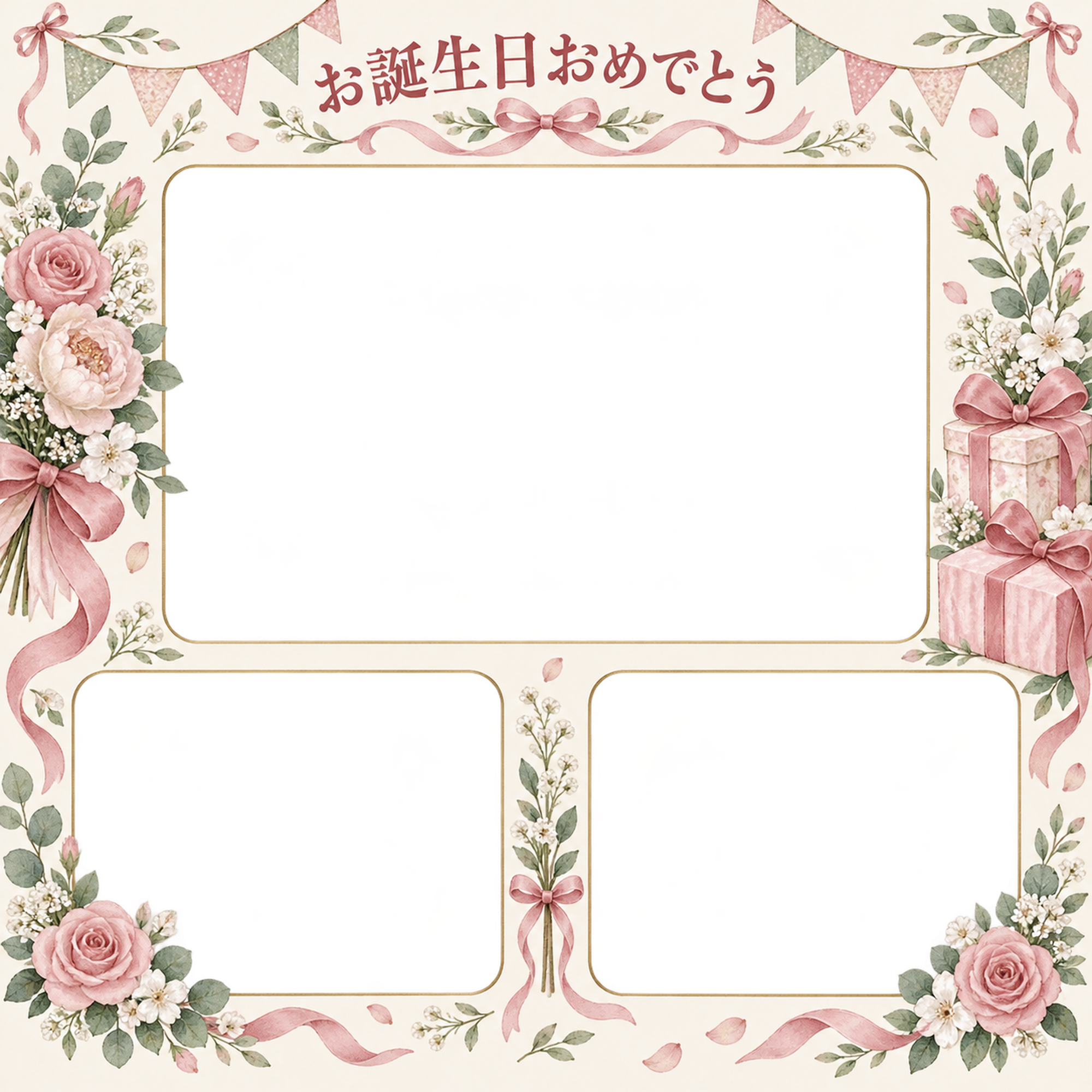 贈り物とガーランドの誕生日写真フレーム｜花とリボン・無料イラスト 100637に写真・文字を入れる