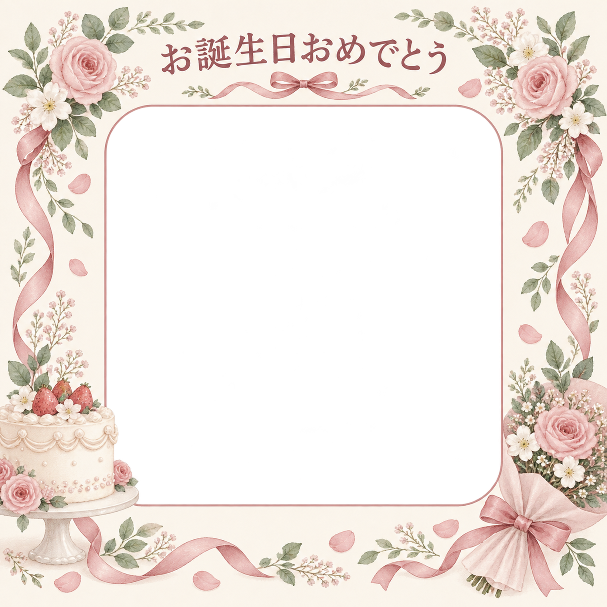 ケーキと花束の誕生日写真フレーム｜花とリボン・無料イラスト 100639に写真・文字を入れる