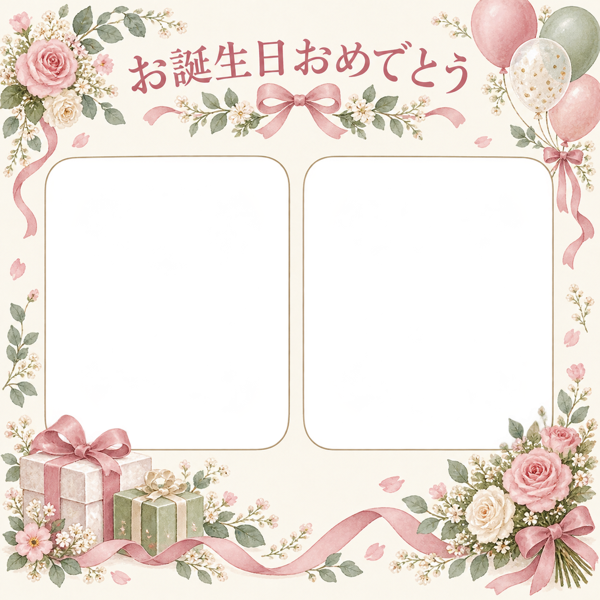 風船と贈り物の誕生日写真フレーム｜花とリボン・無料イラスト 100640に写真・文字を入れる
