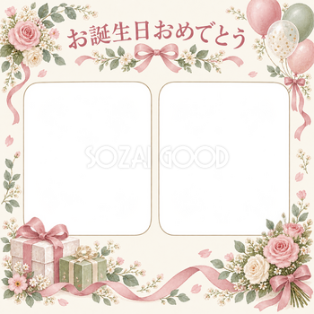 風船と贈り物の誕生日写真フレーム｜花とリボン・無料イラスト 100640