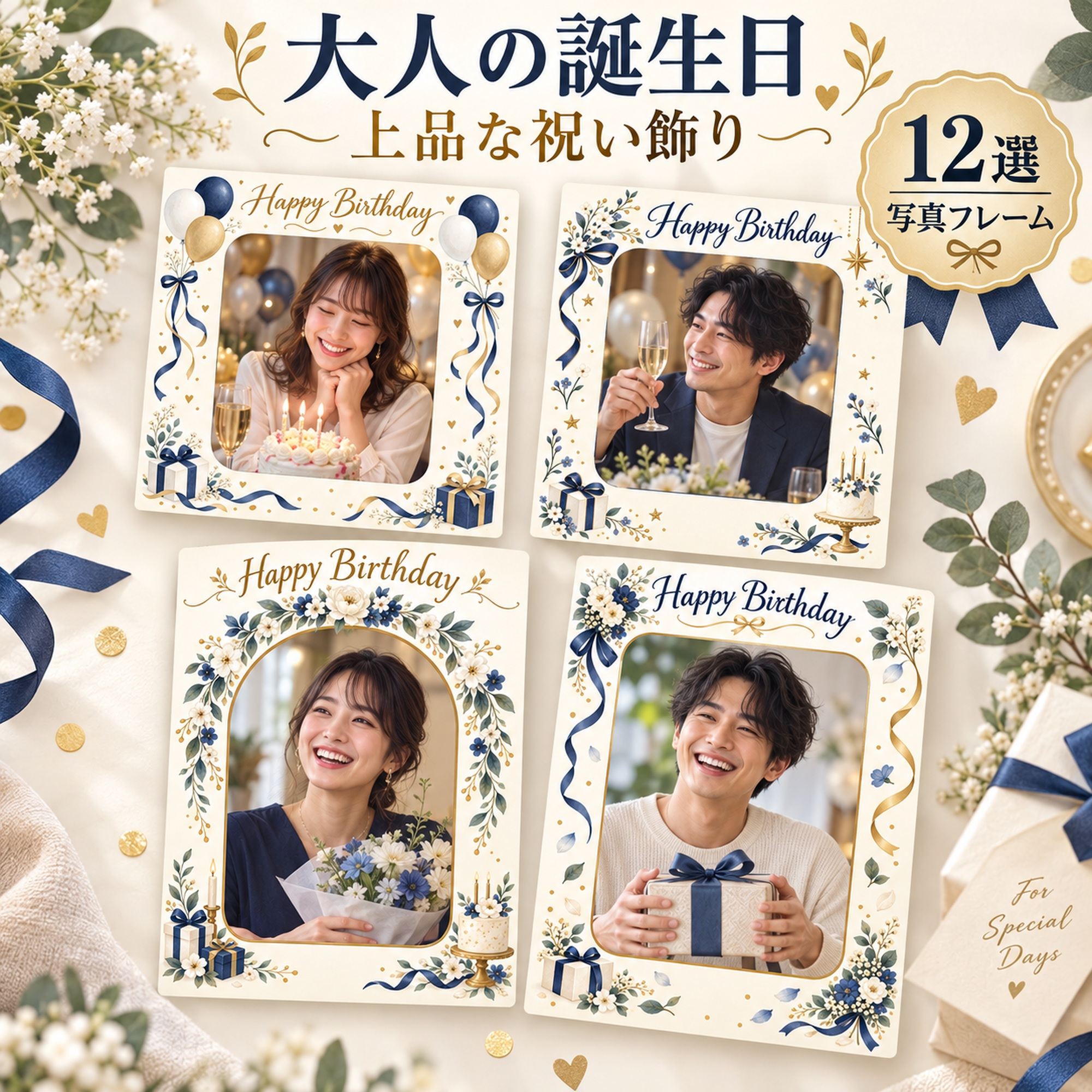 大人向け誕生日写真フレーム12選｜上品な祝い飾りの無料イラスト素材 100642に写真・文字を入れる