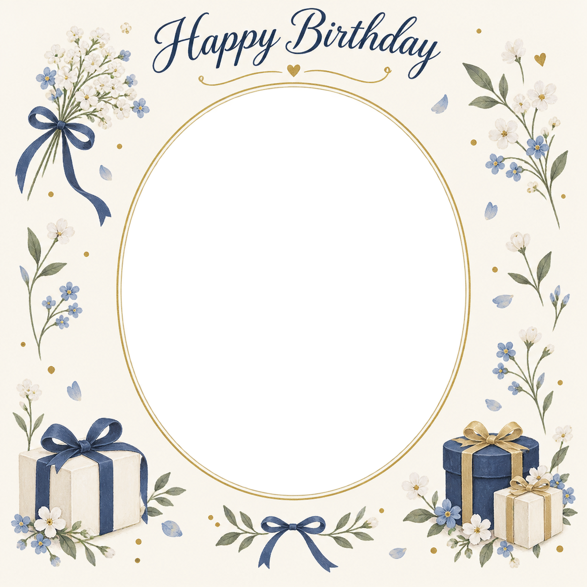 贈り物と小花の誕生日写真フレーム｜上品な祝い飾り・無料イラスト 100645に写真・文字を入れる