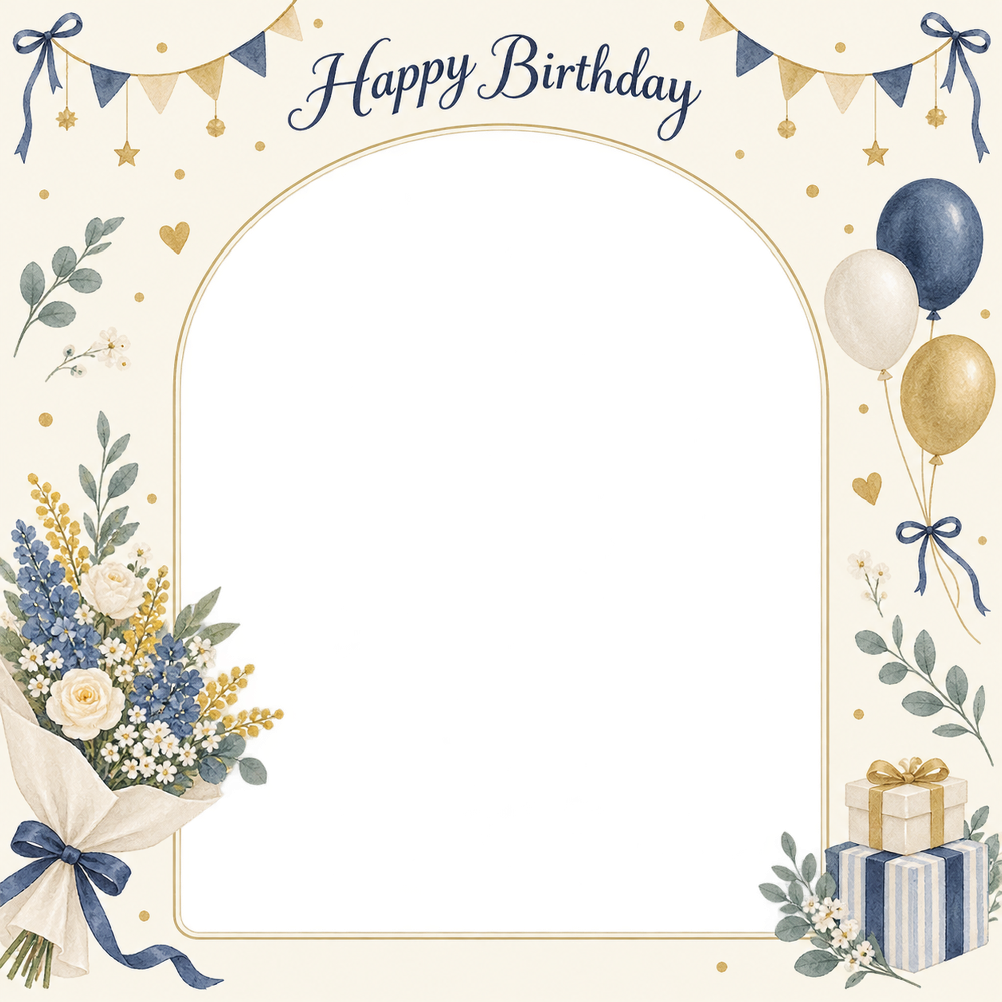 花束とガーランドの誕生日写真フレーム｜上品な祝い飾り・無料イラスト 100646に写真・文字を入れる