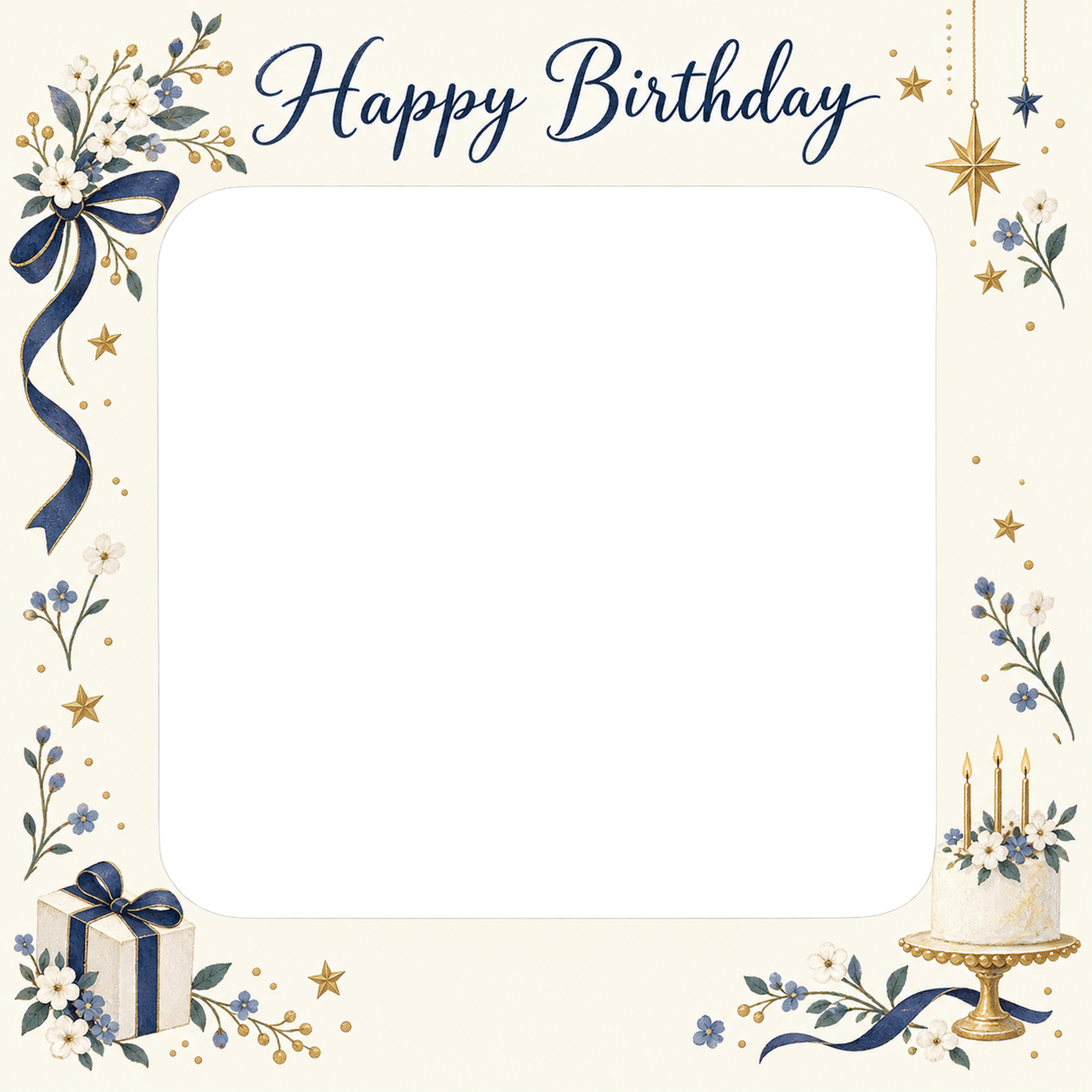 小花と星の誕生日写真フレーム｜上品な祝い飾り・無料イラスト 100649に写真・文字を入れる