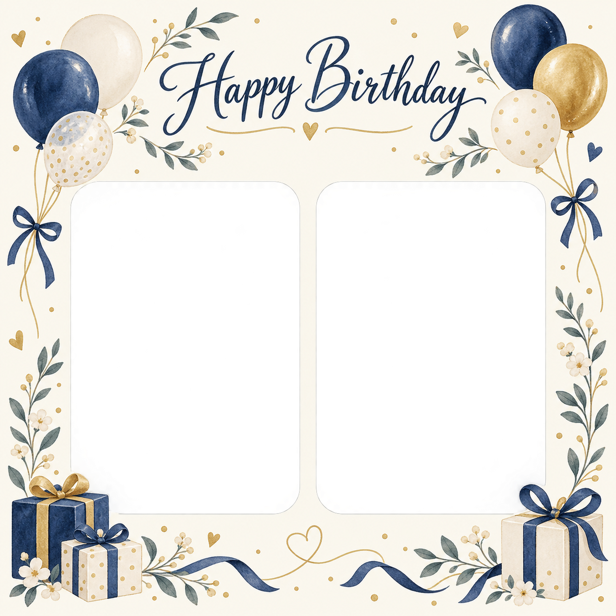 風船と贈り物の誕生日写真フレーム｜上品な祝い飾り・無料イラスト 100653に写真・文字を入れる