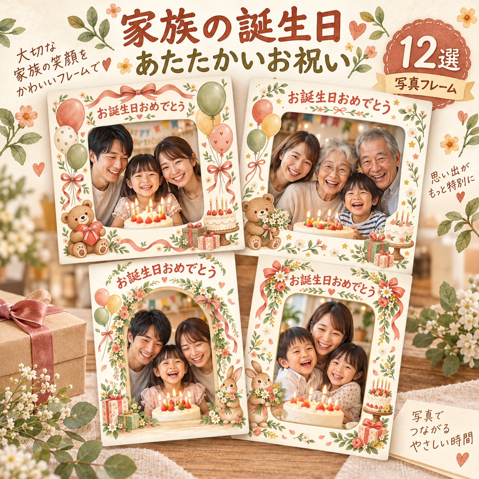 家族向け誕生日写真フレーム12選｜あたたかいお祝いの無料イラスト素材 100655に写真・文字を入れる