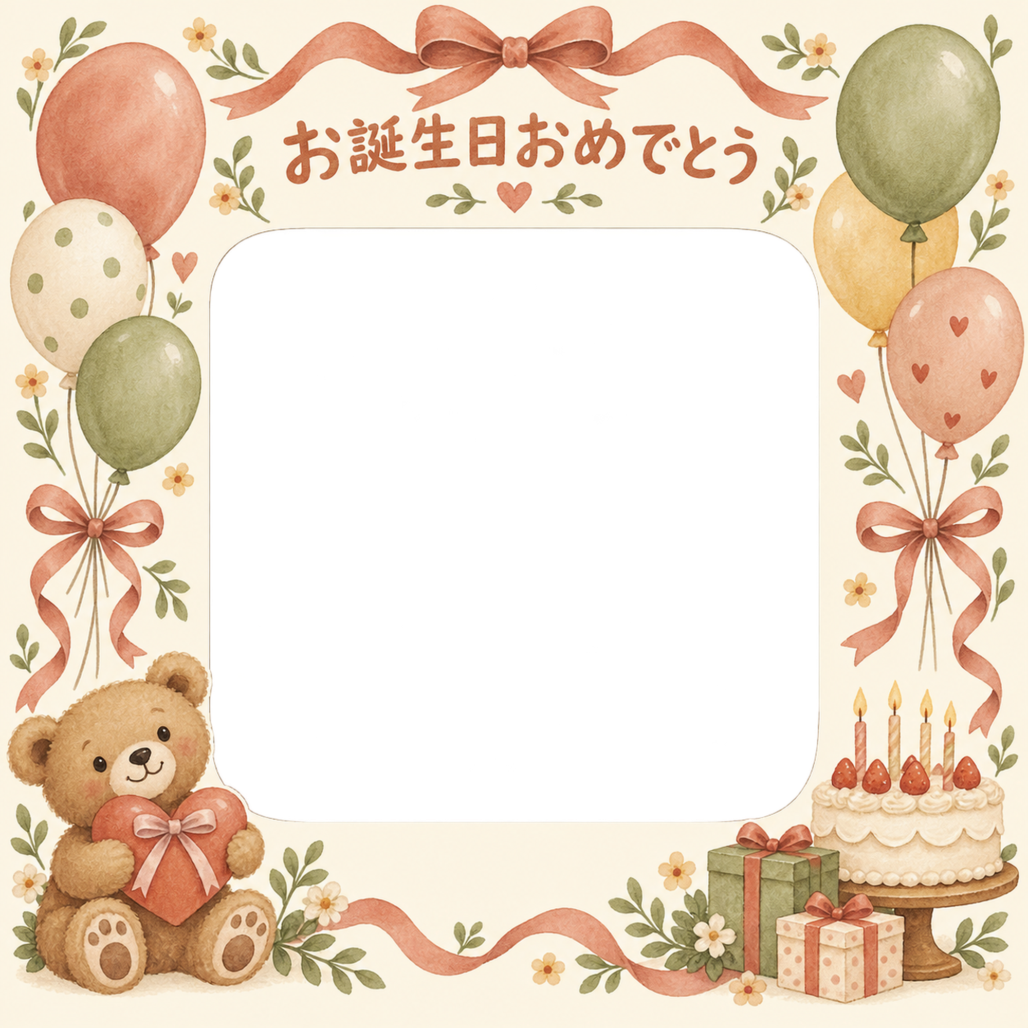 風船とリボンの誕生日写真フレーム｜あたたかいお祝い・無料イラスト 100656に写真・文字を入れる