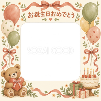 風船とリボンの誕生日写真フレーム｜あたたかいお祝い・無料イラスト 100656