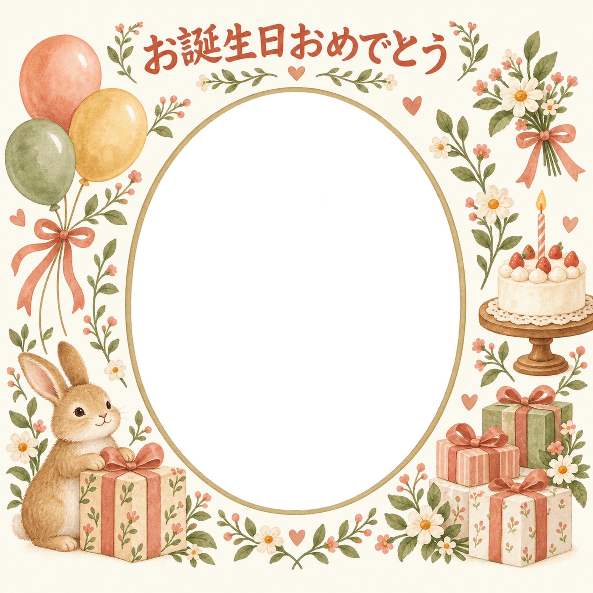 贈り物と小花の誕生日写真フレーム｜あたたかいお祝い・無料イラスト 100658に写真・文字を入れる