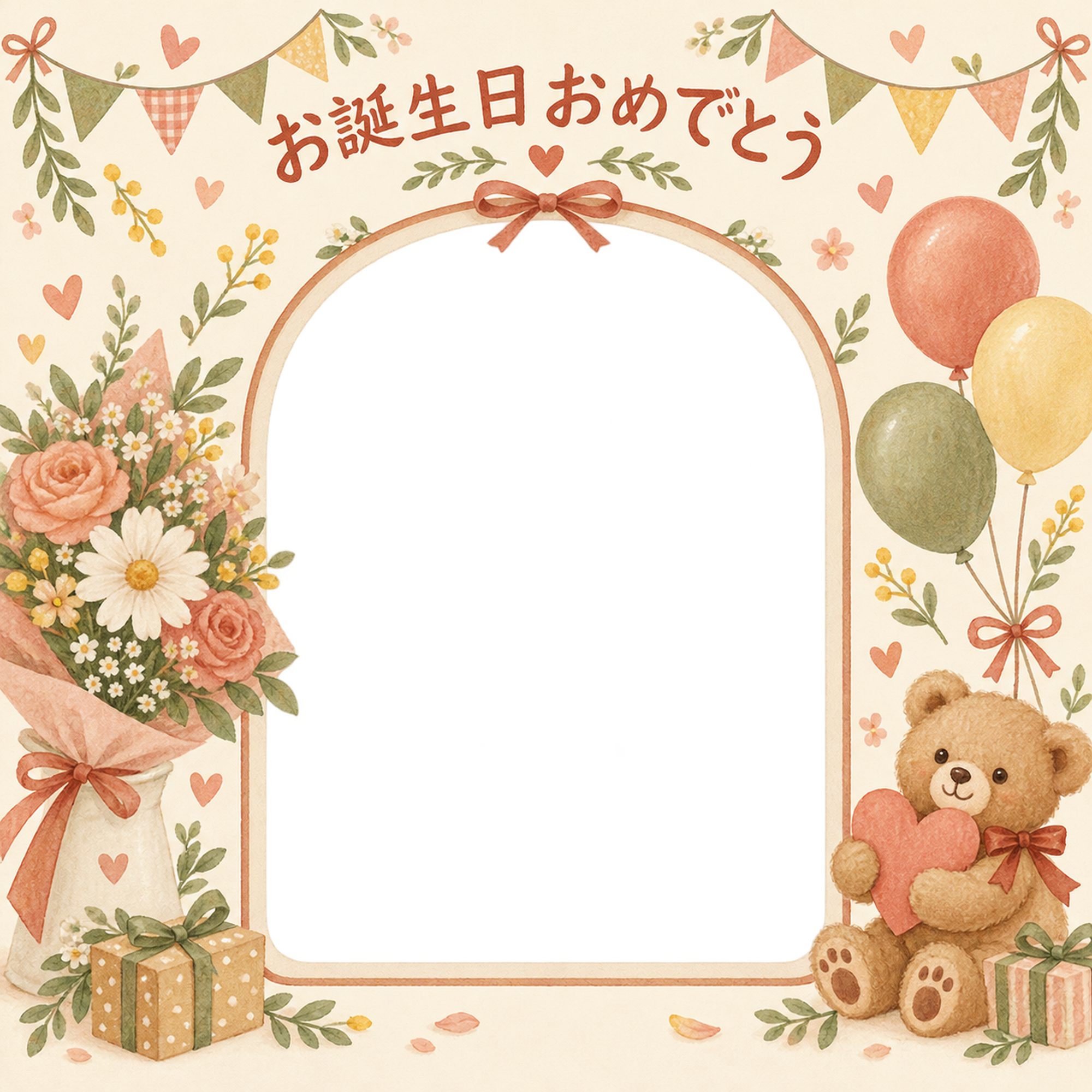 花束とガーランドの誕生日写真フレーム｜あたたかいお祝い・無料イラスト 100659に写真・文字を入れる