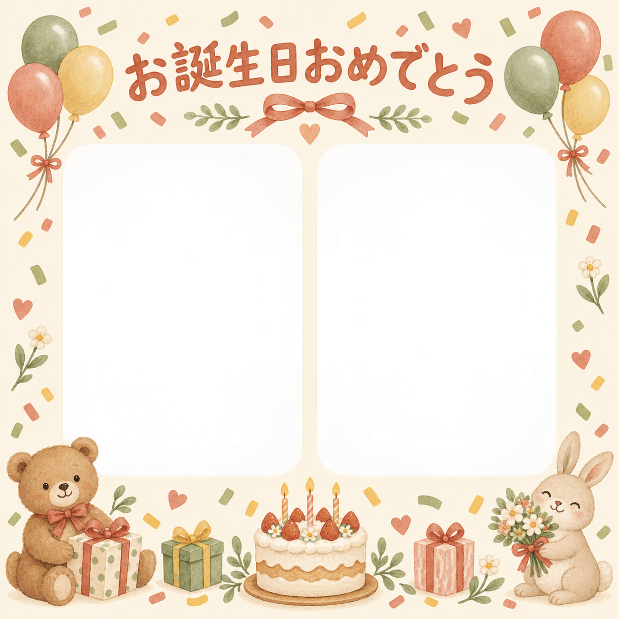 紙吹雪と風船の誕生日写真フレーム｜あたたかいお祝い・無料イラスト 100660に写真・文字を入れる
