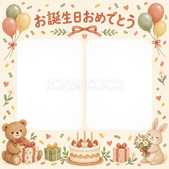 紙吹雪と風船の誕生日写真フレーム｜あたたかいお祝い・無料イラスト 100660