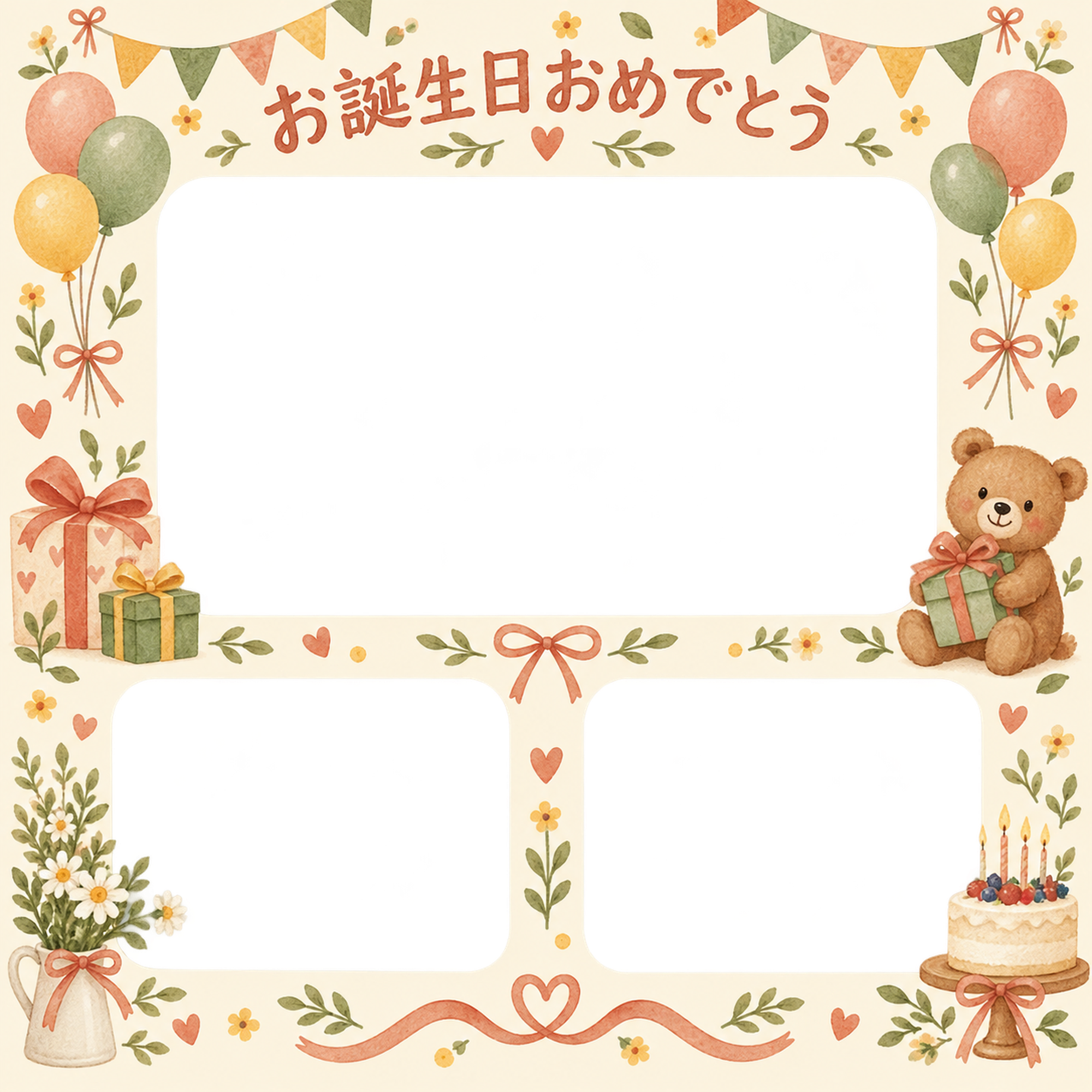 贈り物とガーランドの誕生日写真フレーム｜あたたかいお祝い・無料イラスト 100663に写真・文字を入れる