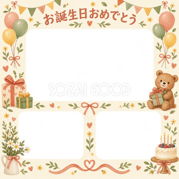 贈り物とガーランドの誕生日写真フレーム｜あたたかいお祝い・無料イラスト 100663
