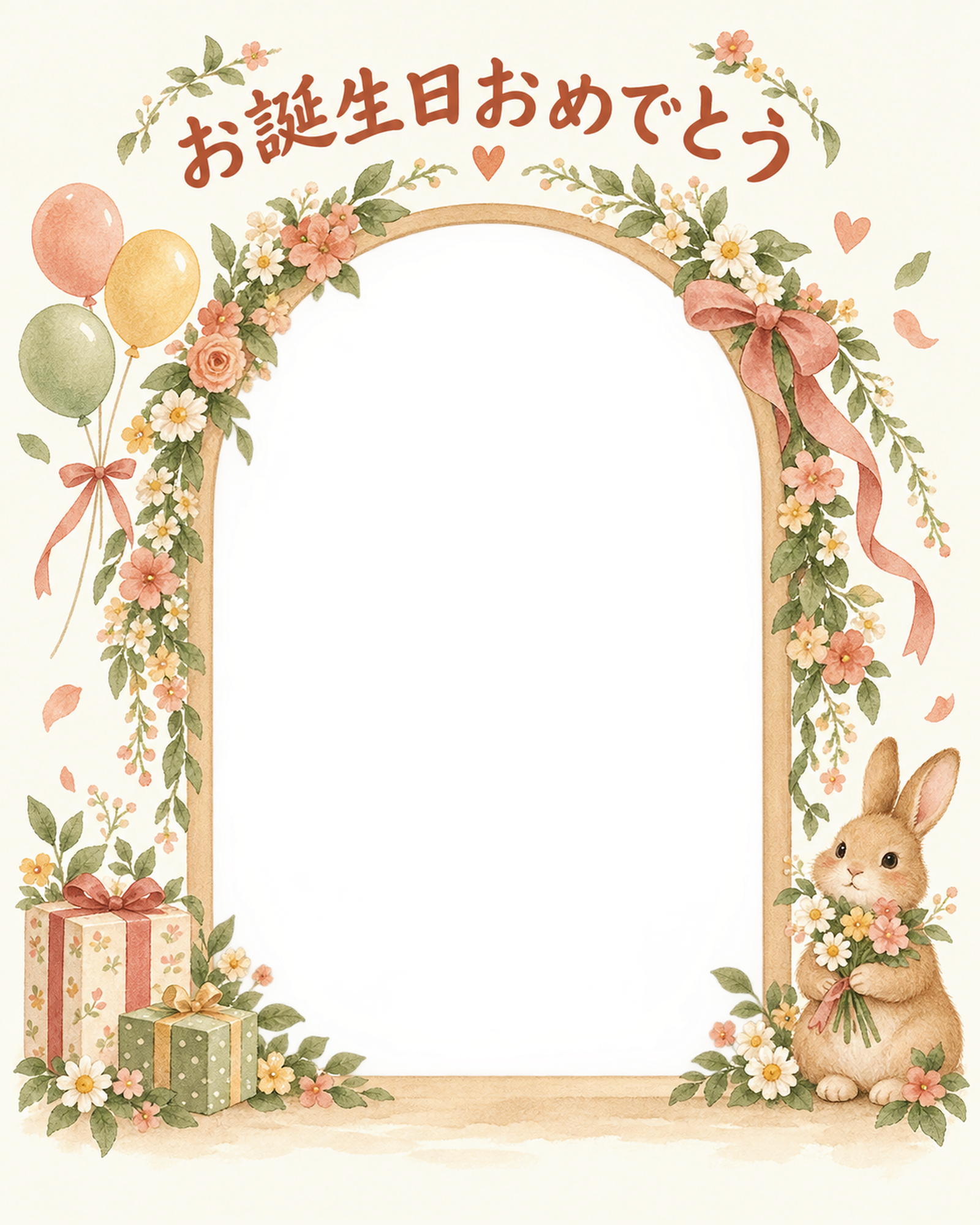 花のアーチの誕生日写真フレーム｜あたたかいお祝い・無料イラスト 100664に写真・文字を入れる
