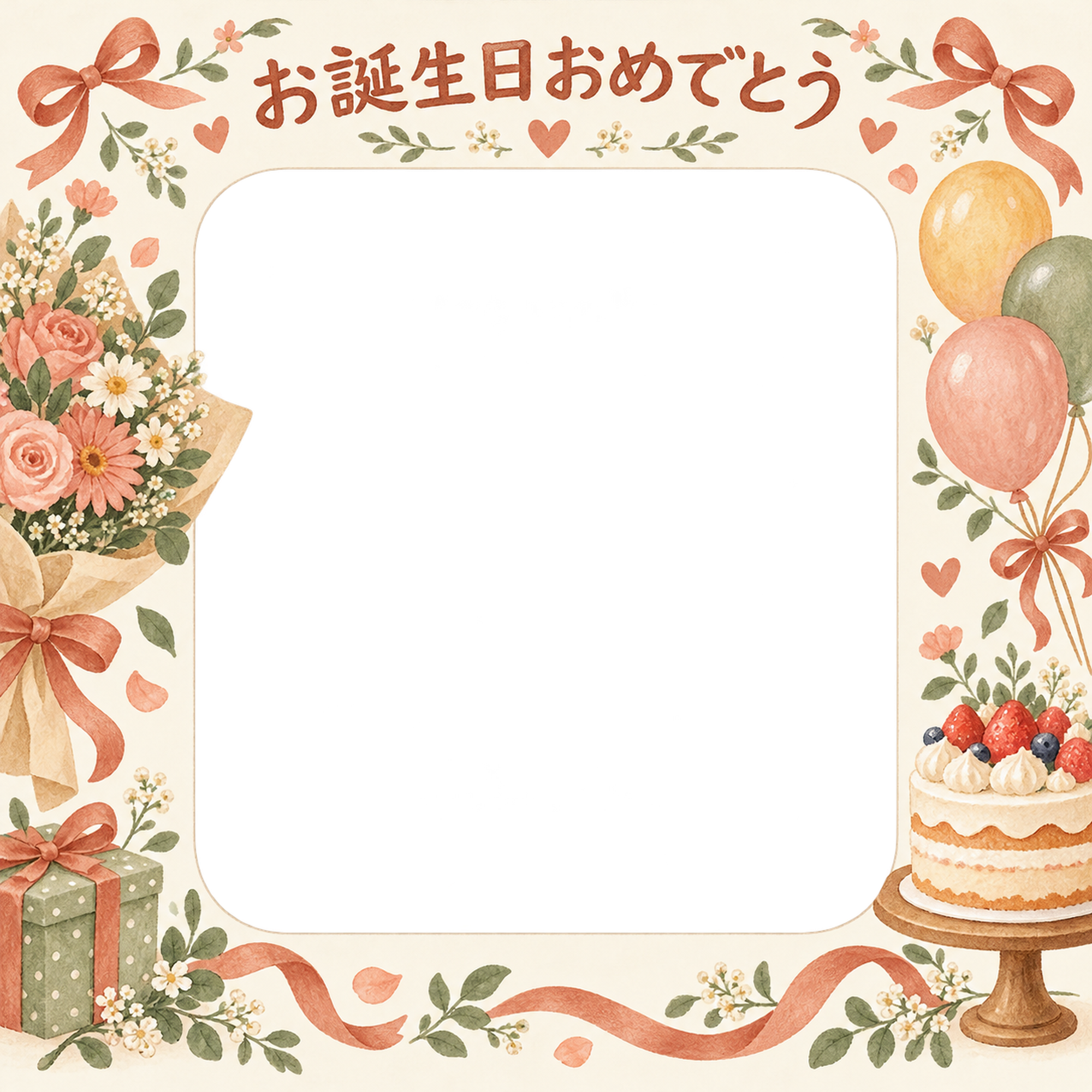 ケーキと花束の誕生日写真フレーム｜あたたかいお祝い・無料イラスト 100665に写真・文字を入れる