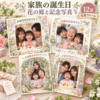 家族向け誕生日写真フレーム12選｜花の庭と記念写真の無料イラスト素材 100668