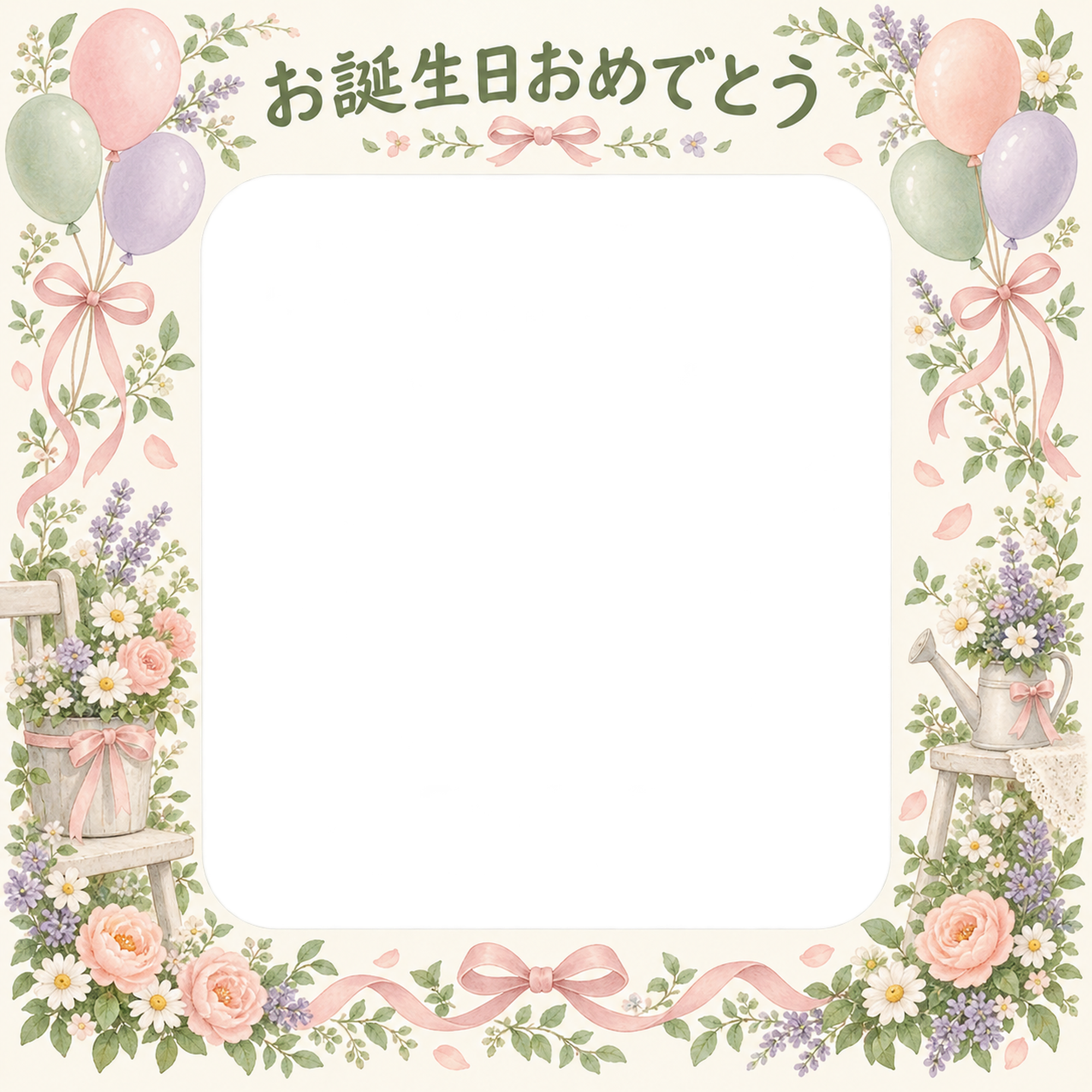 風船とリボンの誕生日写真フレーム｜花の庭と記念写真・無料イラスト 100669に写真・文字を入れる