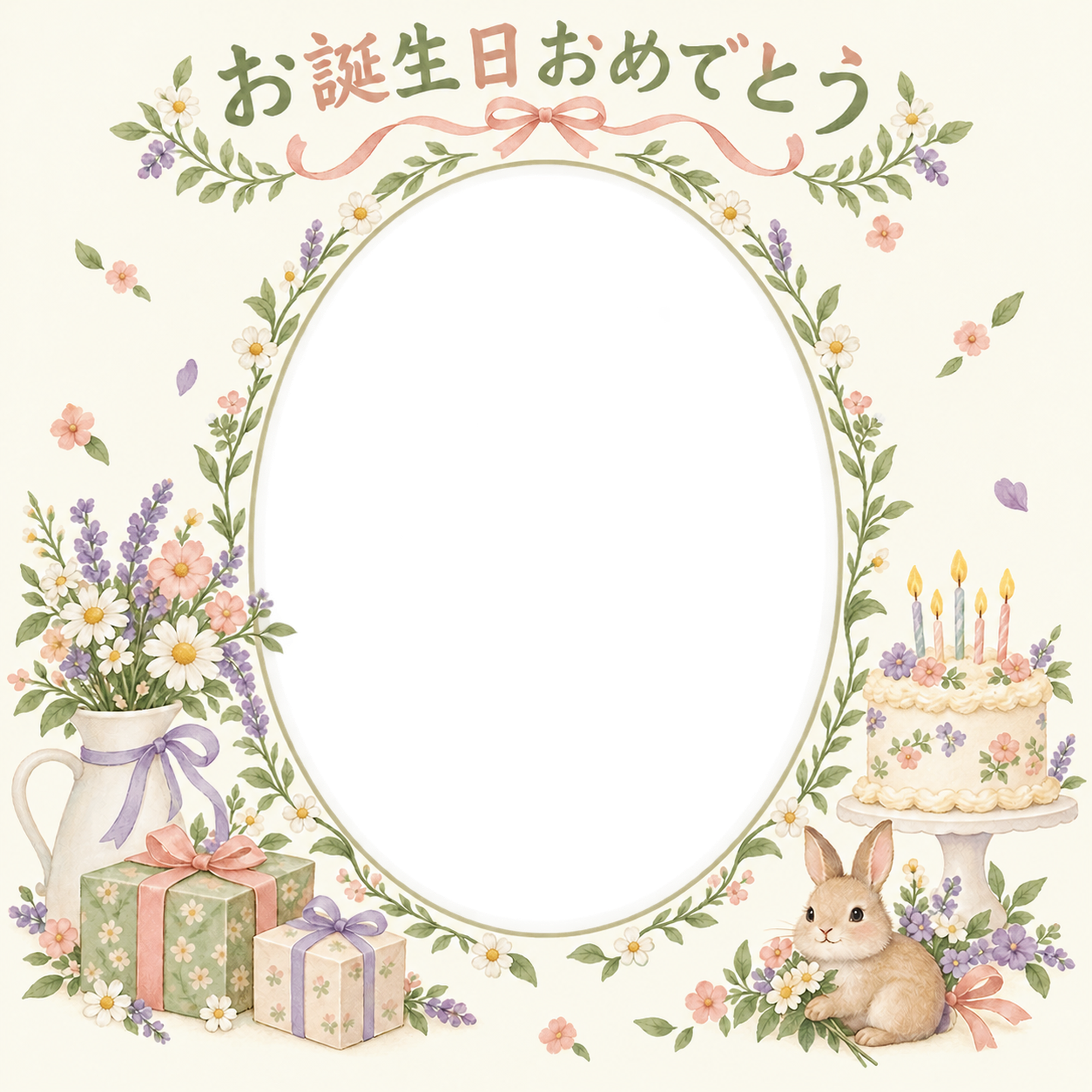 贈り物と小花の誕生日写真フレーム｜花の庭と記念写真・無料イラスト 100671に写真・文字を入れる