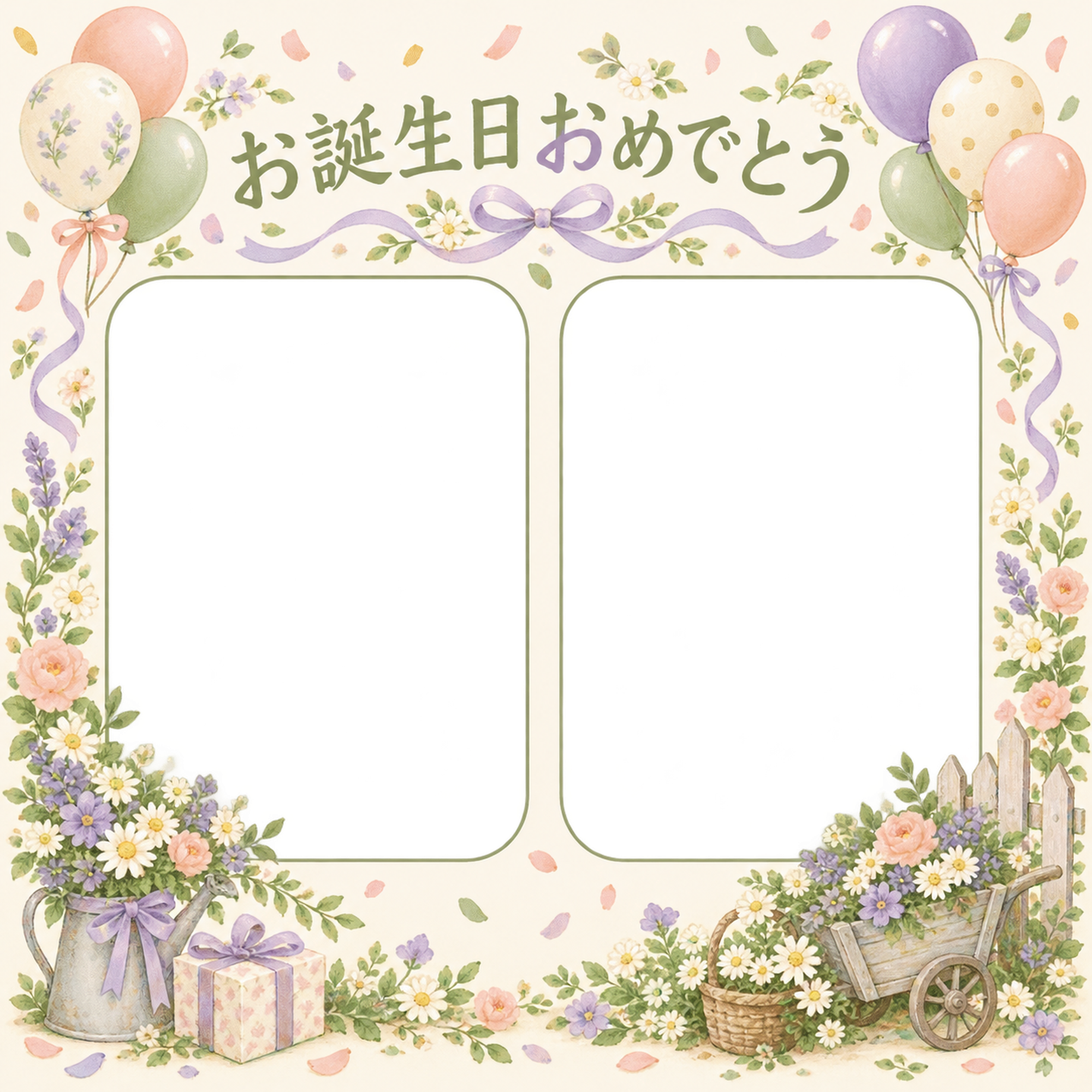 紙吹雪と風船の誕生日写真フレーム｜花の庭と記念写真・無料イラスト 100673に写真・文字を入れる