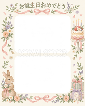 リボンとケーキの誕生日写真フレーム｜花の庭と記念写真・無料イラスト 100674