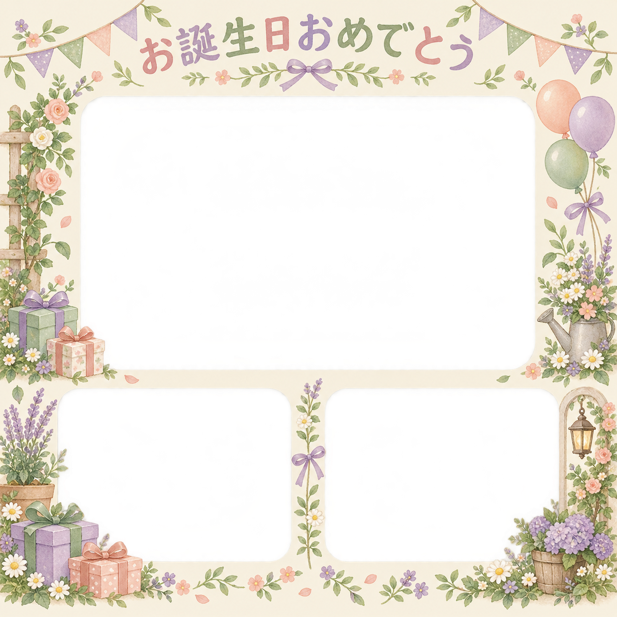 贈り物とガーランドの誕生日写真フレーム｜花の庭と記念写真・無料イラスト 100676に写真・文字を入れる