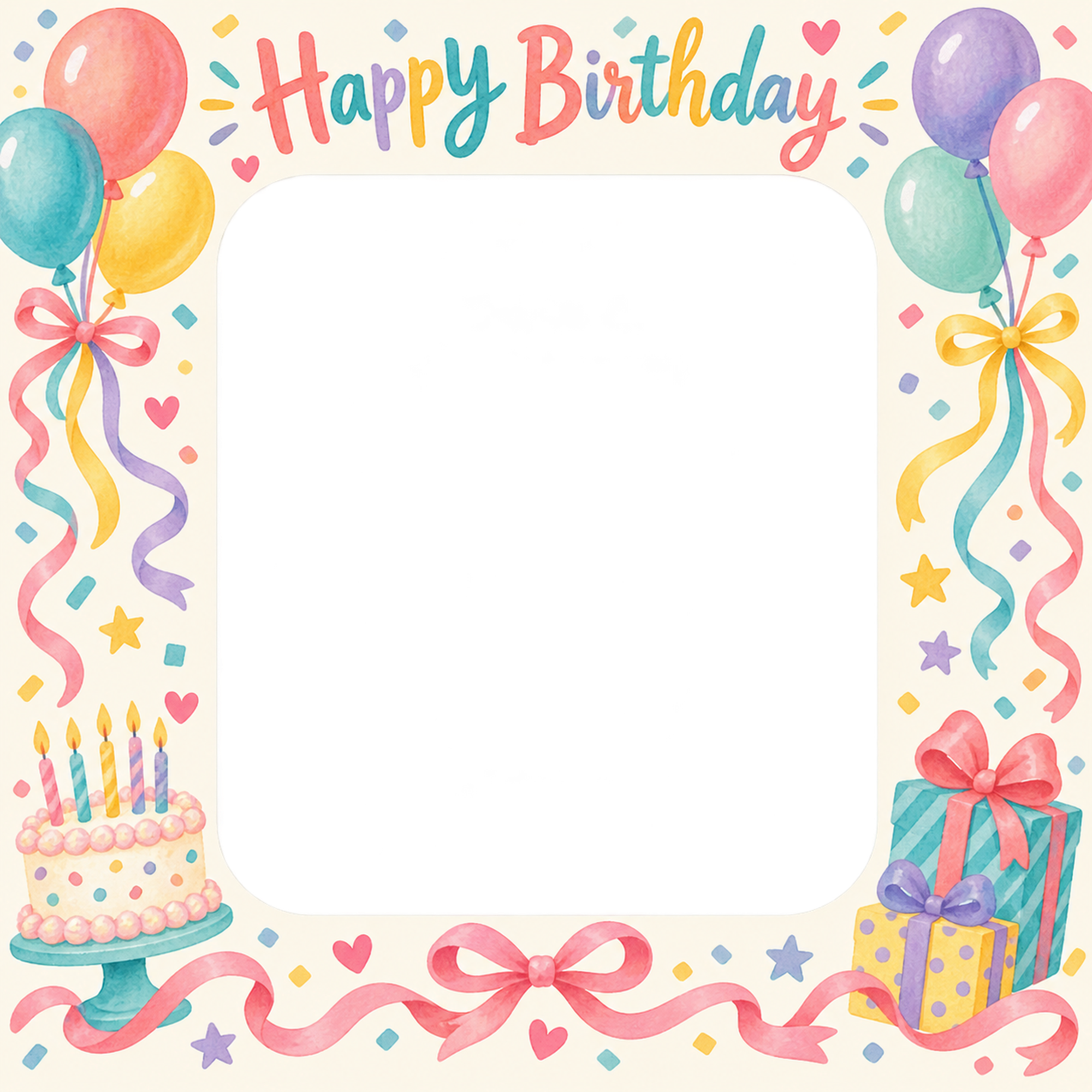 風船とリボンの誕生日写真フレーム｜カラフルパーティー・無料イラスト 100682に写真・文字を入れる