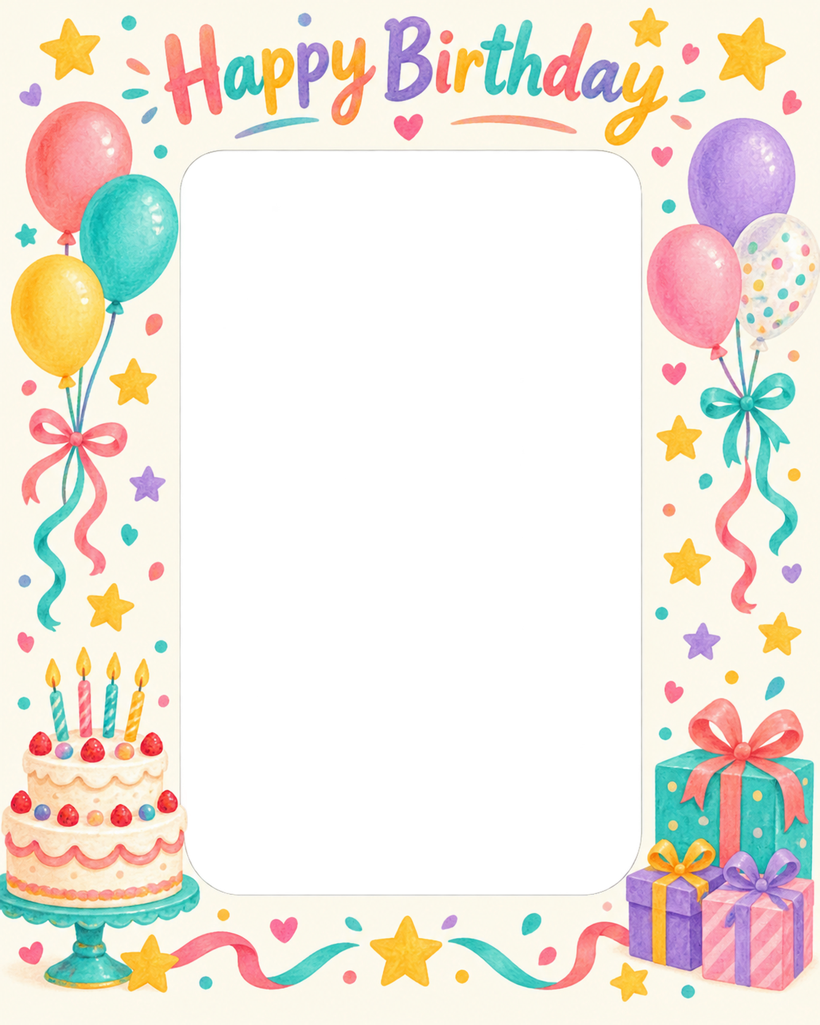 ケーキと星の誕生日写真フレーム｜カラフルパーティー・無料イラスト 100683に写真・文字を入れる